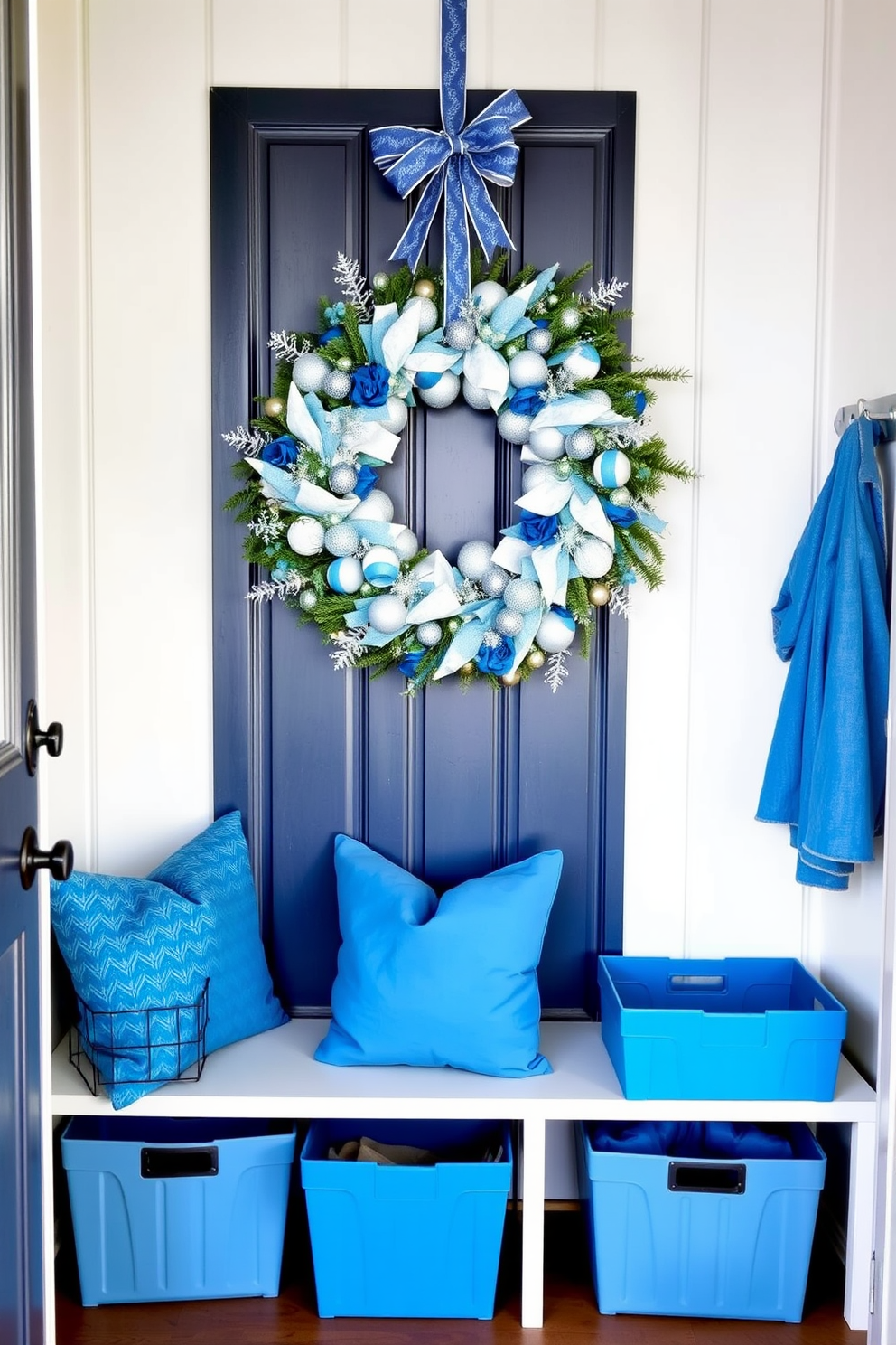 A festive blue and white wreath adorned with sparkling silver accents hangs prominently on the mudroom door, welcoming guests with a touch of holiday cheer. Inside, the mudroom features a cozy bench with plush blue cushions, surrounded by decorative storage bins in coordinating colors, creating an inviting and organized space for winter gear.