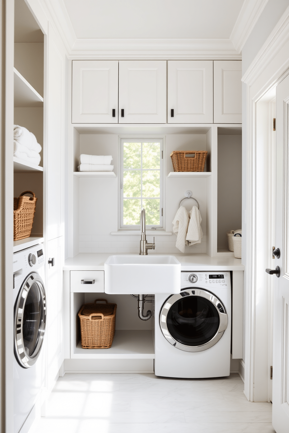 Bright white cabinetry creates a clean and modern aesthetic in the mudroom laundry room. The space features sleek storage solutions, with open shelves displaying neatly folded towels and baskets for organization. A large utility sink is positioned between the cabinetry, ideal for washing up after outdoor activities. Soft natural light filters through a nearby window, illuminating the room and enhancing its inviting atmosphere.