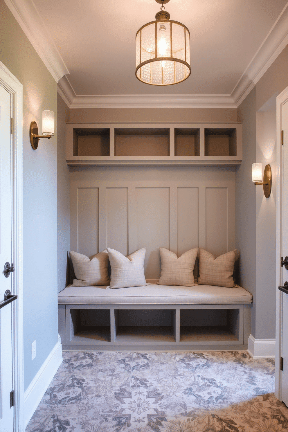 A stylish mudroom features a built-in bench with storage cubbies above, adorned with plush cushions in a subtle pattern. The walls are painted a soft gray, and the floor is covered with durable, patterned tiles that can withstand heavy foot traffic. Elegant light fixtures hang from the ceiling, providing warm illumination and enhancing the overall ambiance of the space. A combination of wall sconces and a central pendant light creates a welcoming atmosphere, making it a functional yet inviting entryway.