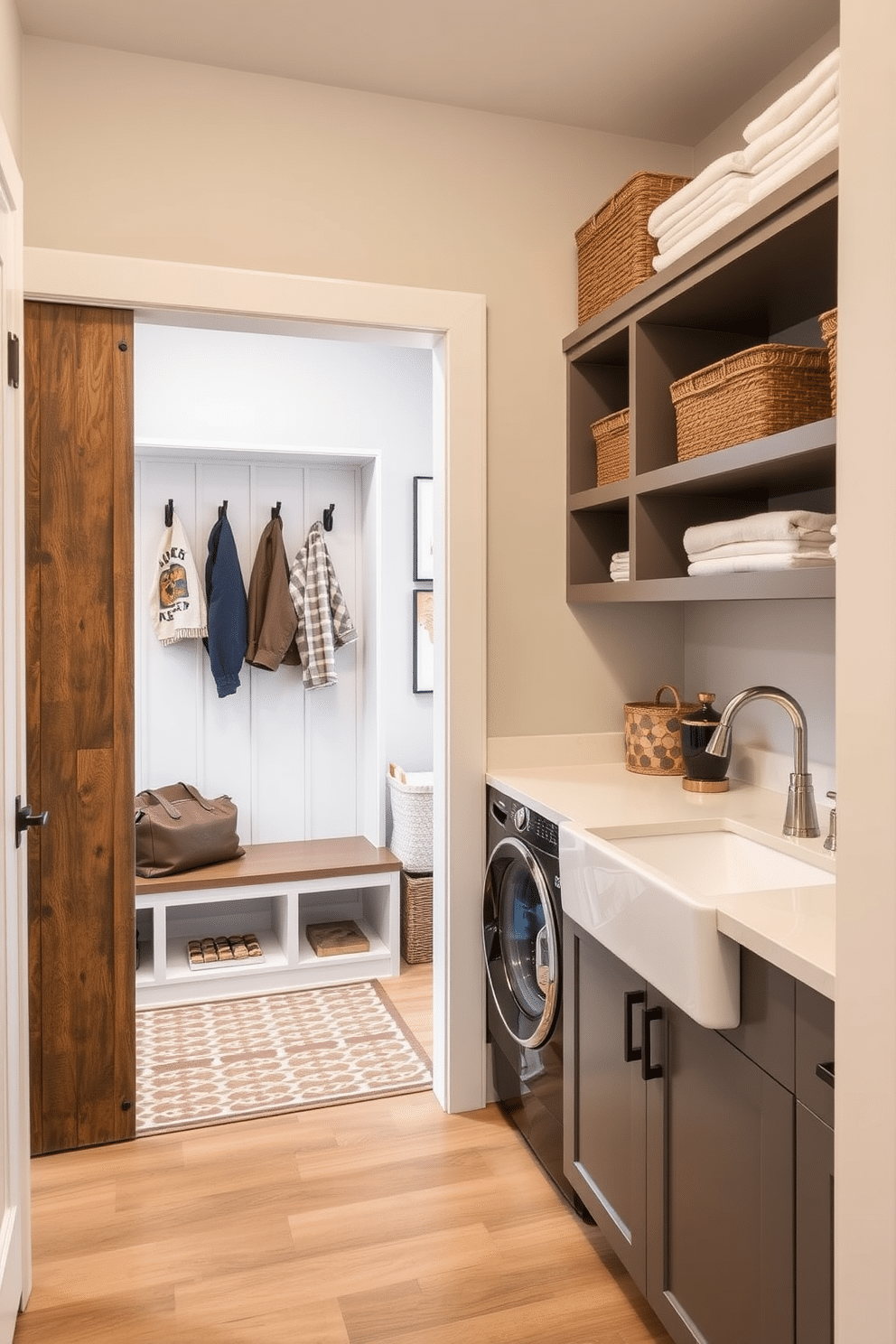 A cozy mudroom features a sliding barn door made of reclaimed wood, adding rustic charm to the space. Inside, a built-in bench with storage cubbies is flanked by hooks for coats and bags, while a patterned rug adds warmth underfoot. The laundry area is seamlessly integrated into the mudroom, showcasing sleek cabinetry with a farmhouse sink. Above the countertop, open shelving displays neatly folded towels and decorative baskets, creating an organized and inviting atmosphere.