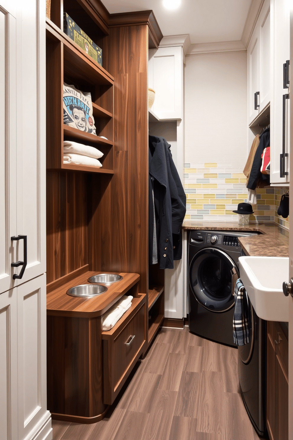 A stylish integrated pet station designed for furry friends features a sleek wooden bench with built-in storage for pet supplies. The area includes a raised feeding station with stainless steel bowls and a cozy nook for pet beds, complemented by durable flooring that withstands muddy paws. The mudroom laundry room design incorporates functional cabinetry with a combination of open shelving and closed storage for organization. A large utility sink is positioned next to the washer and dryer, with a folding station and hooks for coats and bags, all set against a backdrop of cheerful, colorful tiles.