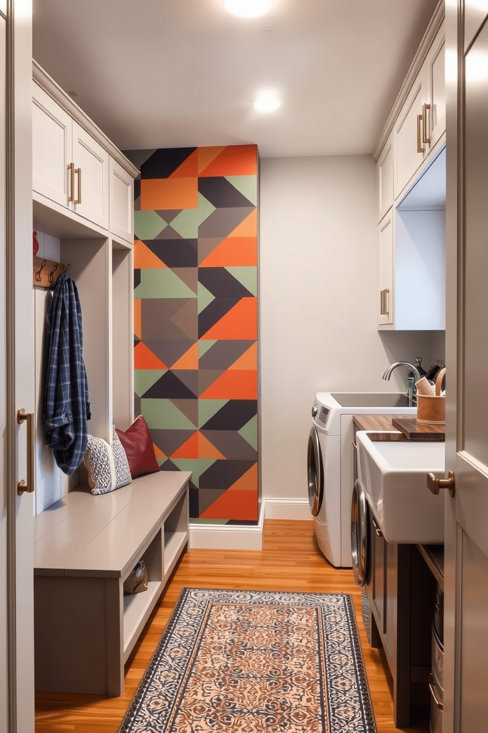 A vibrant accent wall featuring a geometric pattern in bold colors creates a striking focal point in the mudroom. The space is complemented by built-in storage benches and hooks for organization, enhancing both functionality and aesthetics. The laundry room showcases a harmonious blend of modern and rustic elements, with sleek cabinetry and a farmhouse-style sink. Soft, ambient lighting illuminates the space, while a patterned rug adds warmth and charm underfoot.