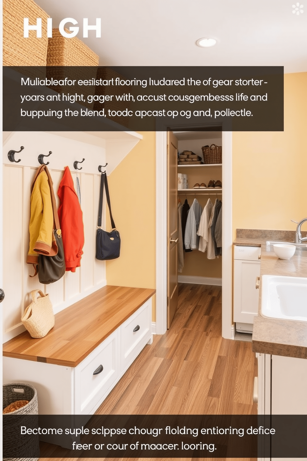 A mudroom designed for high traffic areas features durable, water-resistant flooring that can withstand heavy use while maintaining a stylish appearance. The space includes built-in storage benches with hooks above for coats and bags, complemented by a cheerful color palette that enhances the room's functionality. In the laundry room, a practical layout incorporates ample counter space for folding clothes and a deep sink for hand-washing delicate items. The flooring is chosen for its durability and ease of cleaning, ensuring that the room remains tidy and efficient even with frequent use.