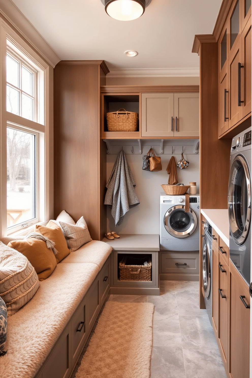 A cozy seating area features plush cushions in various textures and colors, inviting relaxation and conversation. The space is adorned with a soft area rug, and large windows allow natural light to flood in, creating a warm and welcoming atmosphere. The mudroom laundry room combines functionality and style, with built-in storage benches and hooks for coats and bags. A sleek washer and dryer are seamlessly integrated into cabinetry, while a durable tile floor ensures easy cleanup and maintenance.