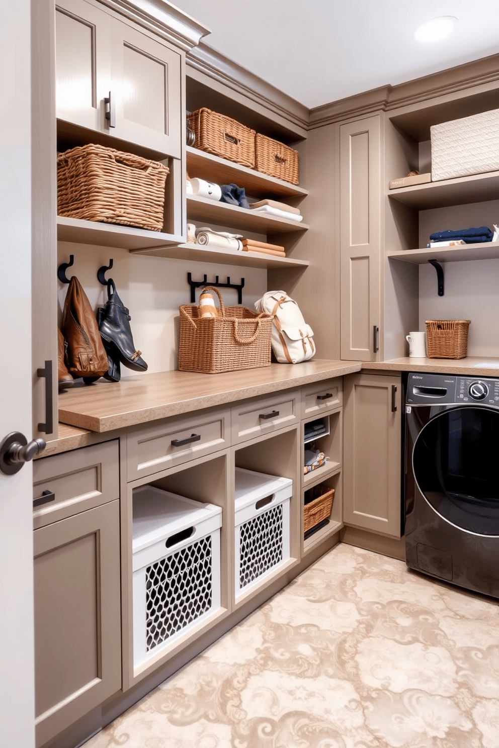 A stylish mudroom laundry room features hidden hampers seamlessly integrated into custom cabinetry, ensuring a tidy and organized appearance. The space is adorned with a combination of functional shelving and hooks for storage, while a durable tile floor adds practicality and charm.