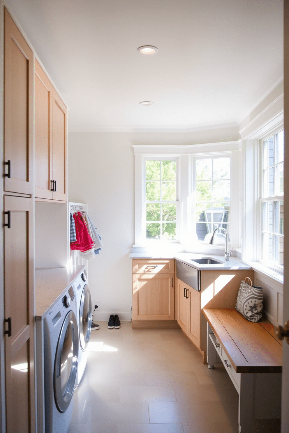 A bright and airy mudroom laundry room features ample natural light streaming through large windows, illuminating the space with a cheerful ambiance. The walls are painted in a soft white, complemented by light wood cabinetry that offers both style and storage solutions. A spacious countertop made of quartz provides an ideal area for folding laundry, while a stylish sink is conveniently positioned for quick clean-ups. To the side, a row of hooks and a bench create an inviting area for coats and shoes, enhancing the room's functionality.