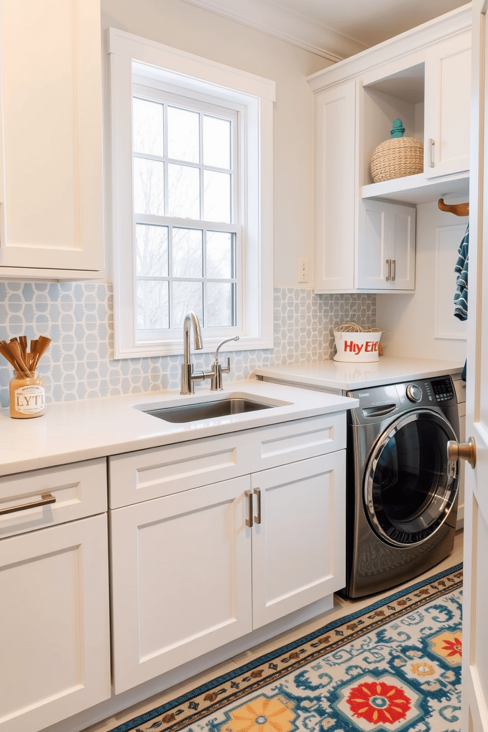 A chic tile backsplash features a geometric pattern in soft blues and whites, creating a stylish focal point in the space. The backsplash complements the sleek cabinetry and provides a fresh, modern touch to the overall design. The mudroom laundry room combines functionality with aesthetics, showcasing built-in storage solutions and a spacious countertop for folding clothes. Natural light floods the area through a large window, enhancing the inviting atmosphere while a vibrant area rug adds warmth and color.