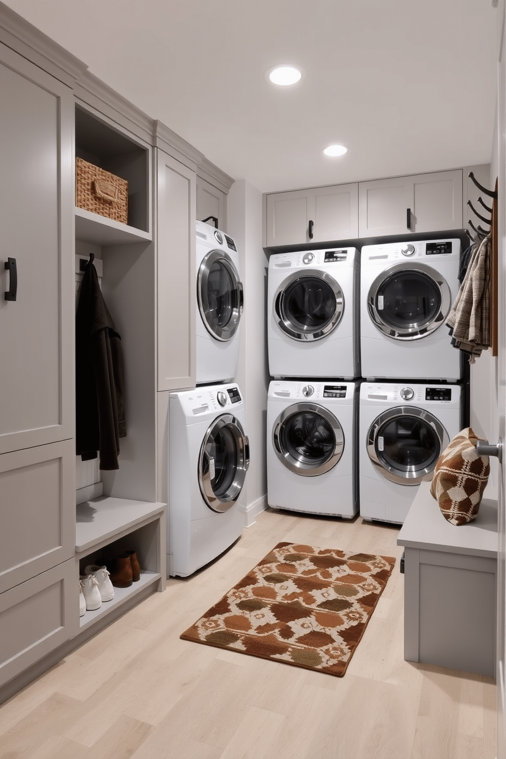 A modern mudroom laundry room features stacked laundry appliances to maximize space efficiency. The room is designed with a sleek, functional layout, incorporating built-in cabinetry for storage and a bench for convenience. The walls are painted in a light, airy color, complemented by durable, easy-to-clean flooring. Decorative elements include a stylish rug and hooks for hanging coats, creating an inviting and organized space.