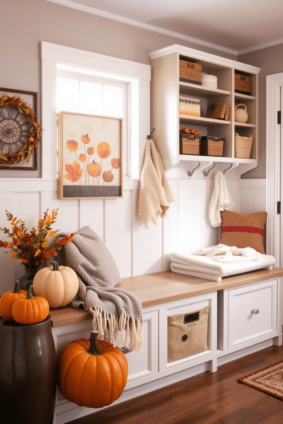 Seasonal decor to personalize the room. Incorporate warm autumn tones with decorative pumpkins, cozy throws, and seasonal artwork to create a welcoming atmosphere that reflects the changing seasons. Mudroom laundry room design ideas. Combine functionality and style with built-in storage benches, open shelving for easy access to essentials, and a color palette of soft grays and whites to maintain a fresh and airy feel.