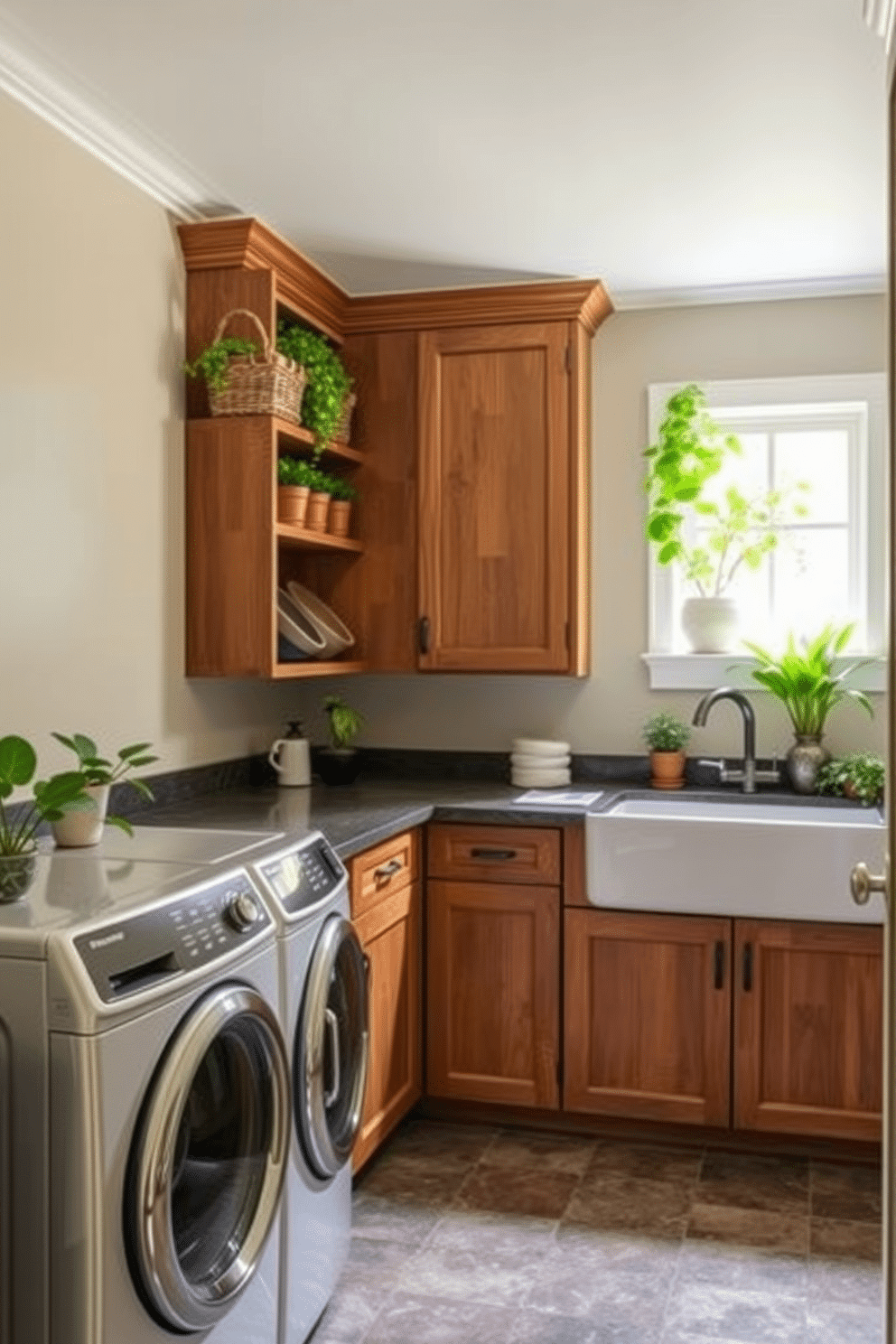 A stylish mudroom laundry room featuring natural elements that bring freshness to the space. The room includes built-in wooden cabinetry, a large farmhouse sink, and a countertop adorned with potted plants and decorative baskets for organization. Sunlight filters through a window, illuminating the green plants that line the shelves. The walls are painted in a soft, earthy tone, and the floor is covered in durable, textured tiles that complement the organic feel of the room.