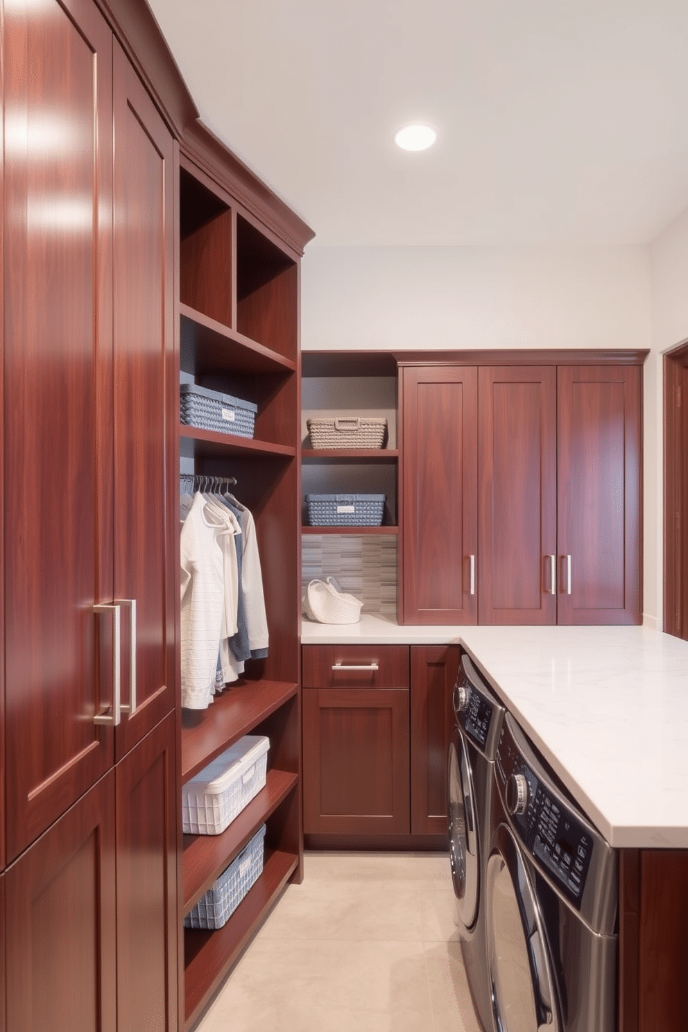 Custom cabinetry designed for a mudroom laundry room features ample storage with built-in shelves and cubbies for organization. The cabinetry is crafted from rich, dark wood with sleek hardware, seamlessly blending functionality and style. The laundry area includes a large countertop for folding clothes, complemented by a stylish backsplash in soft, neutral tones. A combination of open and closed storage options provides easy access to laundry essentials while maintaining a tidy appearance.