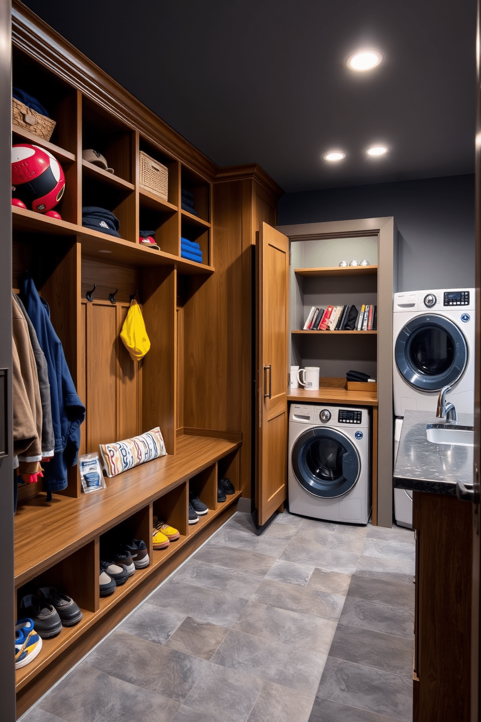 A functional mudroom designed for optimal sports equipment storage features built-in cabinetry with open shelving for easy access to gear. The space includes a bench for seating, with hooks above for hanging coats and bags, and a durable, water-resistant floor to handle muddy shoes. Adjacent to the mudroom, the laundry area is designed with efficiency in mind, showcasing a stacked washer and dryer to save space. Countertops for folding clothes and a deep sink for washing sports gear complete the layout, with bright lighting to enhance visibility.