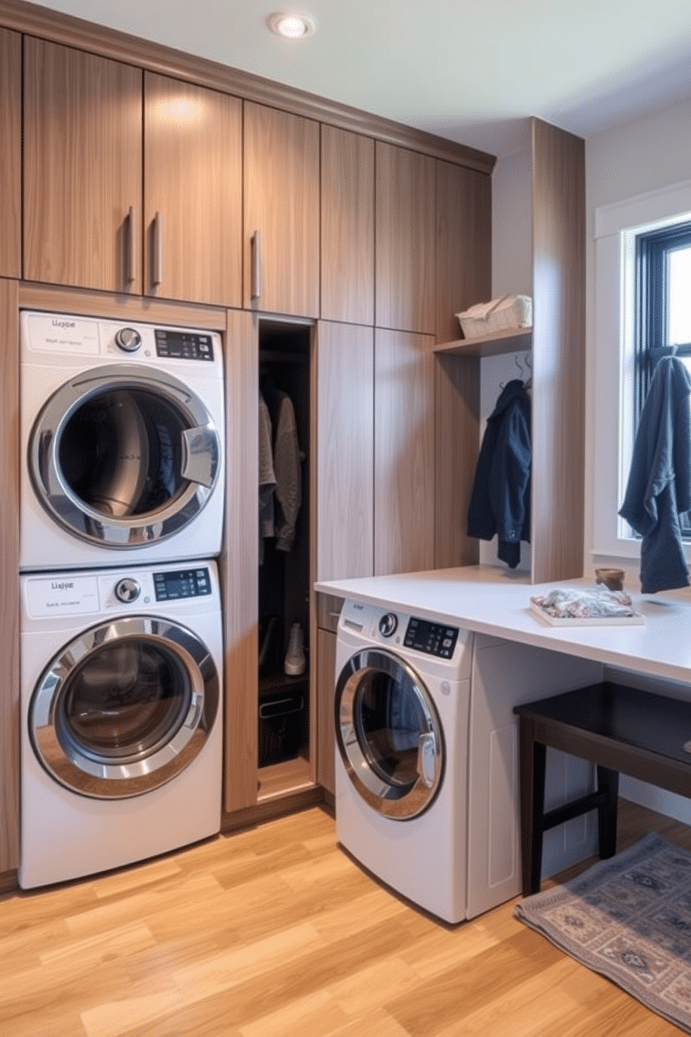 A modern laundry room featuring a built-in laundry chute for easy clothes access, seamlessly integrated into the cabinetry. The space is designed with a functional layout, including ample storage, a stylish countertop for folding, and a cozy seating area for convenience. The mudroom connects to the laundry area, showcasing a practical design with hooks for coats, a bench for seating, and durable flooring. Natural light floods the space through a nearby window, enhancing the welcoming atmosphere while keeping the area organized and efficient.