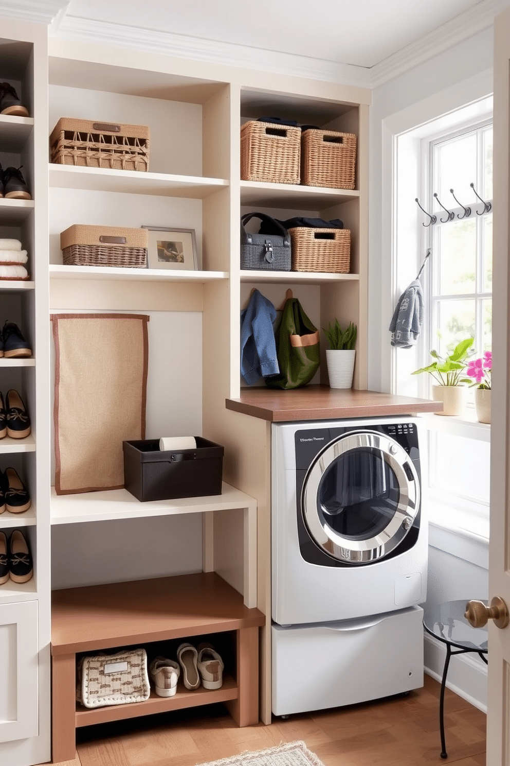 Open shelving lines the walls of the mudroom, providing easy access to everyday items such as shoes, bags, and sports equipment. A combination of woven baskets and decorative boxes adds organization and style, while a bench below offers a comfortable spot for putting on or taking off shoes. Adjacent to the open shelving, the laundry area features a sleek washer and dryer stacked for space efficiency. A countertop above the machines serves as a folding station, complemented by wall-mounted hooks for hanging garments and a splash of color from potted plants on the windowsill.