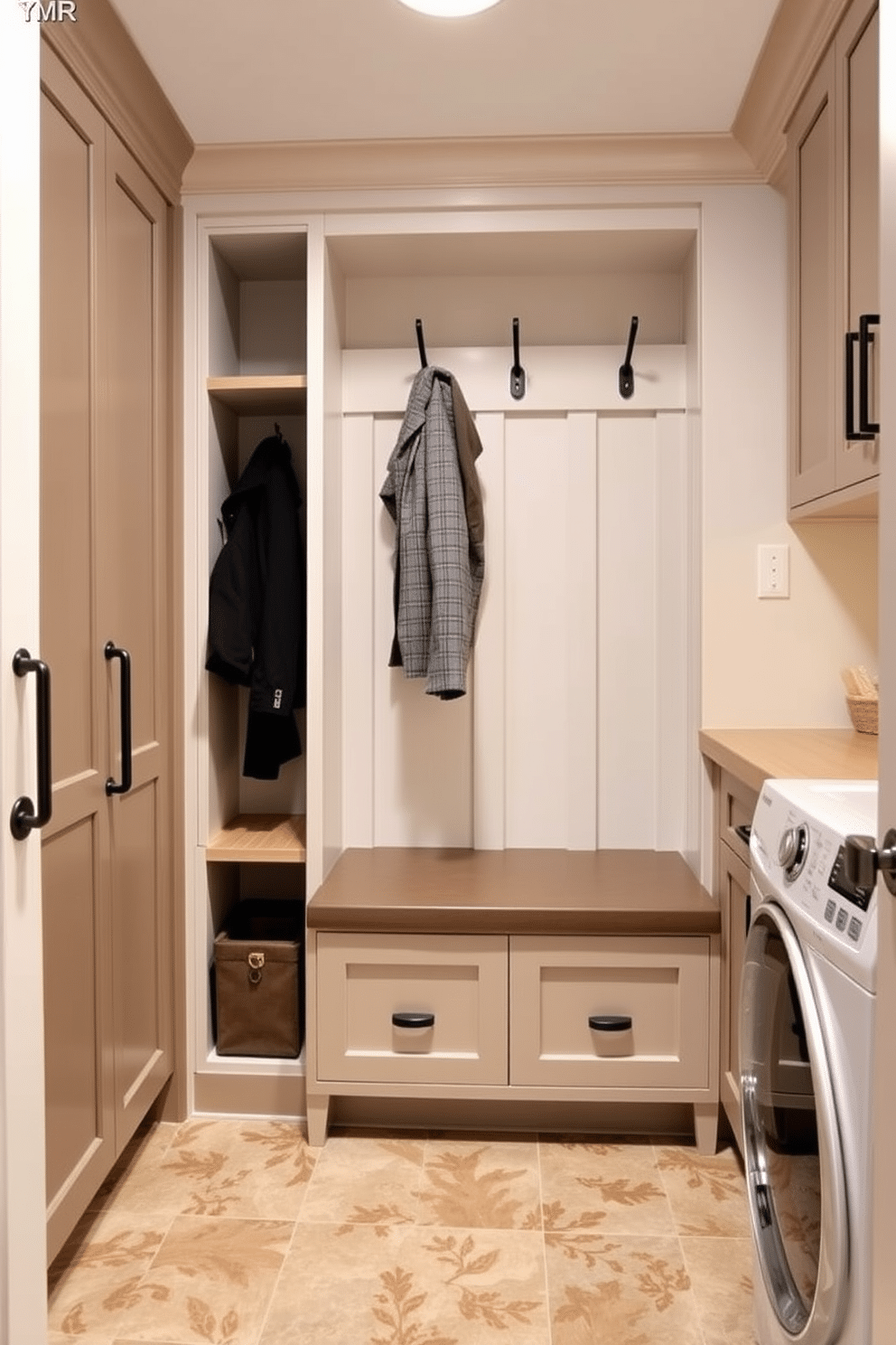 A functional mudroom laundry room combines practicality with style. The space features easy-to-clean surfaces, including a durable laminate countertop and ceramic tile flooring, ensuring maintenance is a breeze. Storage solutions are integrated seamlessly, with built-in cabinets and cubbies for organization. A stylish bench with hooks above provides a convenient area for coats and bags, enhancing the room's efficiency.