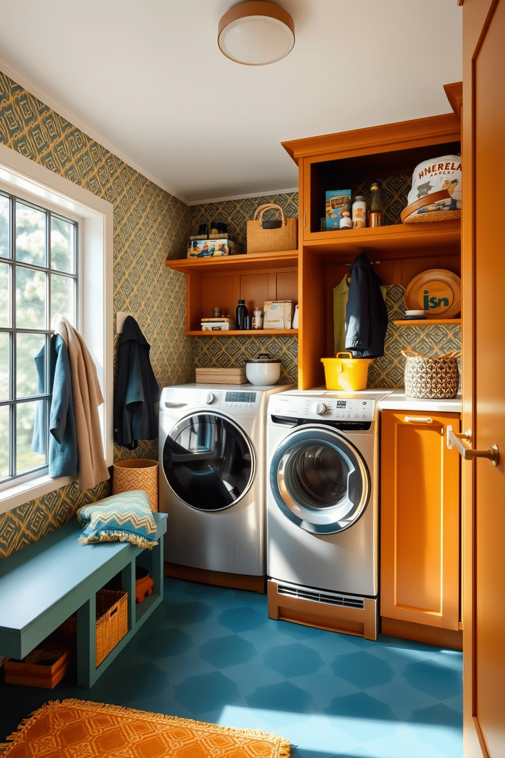 A stylish mudroom laundry room features vibrant wallpaper with a geometric pattern that adds a lively touch to the space. The room is equipped with a practical bench and hooks for coats, while a sleek washer and dryer are seamlessly integrated into the cabinetry. The color palette includes bold hues like teal and mustard, creating an inviting atmosphere. Natural light floods the room through a large window, illuminating the space and highlighting the decorative elements.