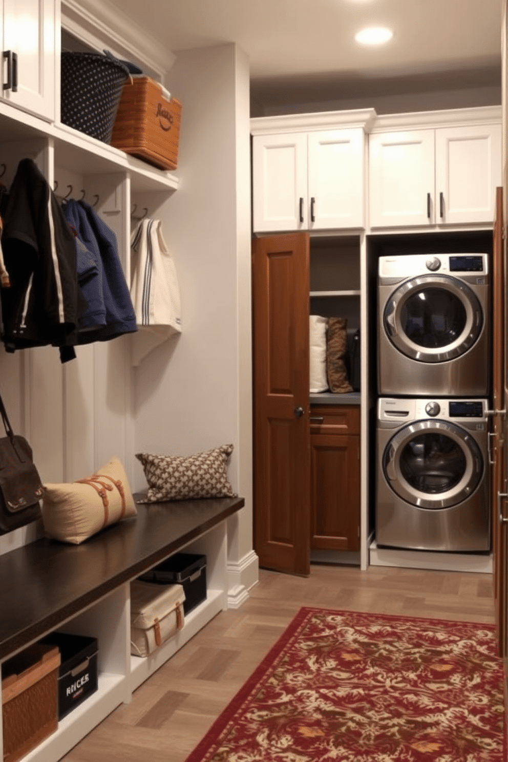 A functional mudroom features built-in lockers for organized family gear, with each locker personalized for easy identification. The space is adorned with a durable bench for seating, and hooks above for coats and bags, complemented by a stylish area rug. Incorporating a laundry room into the mudroom design maximizes efficiency, featuring a stacked washer and dryer for space-saving convenience. The room is equipped with ample storage cabinets, a countertop for folding clothes, and a deep sink for handwashing delicate items.