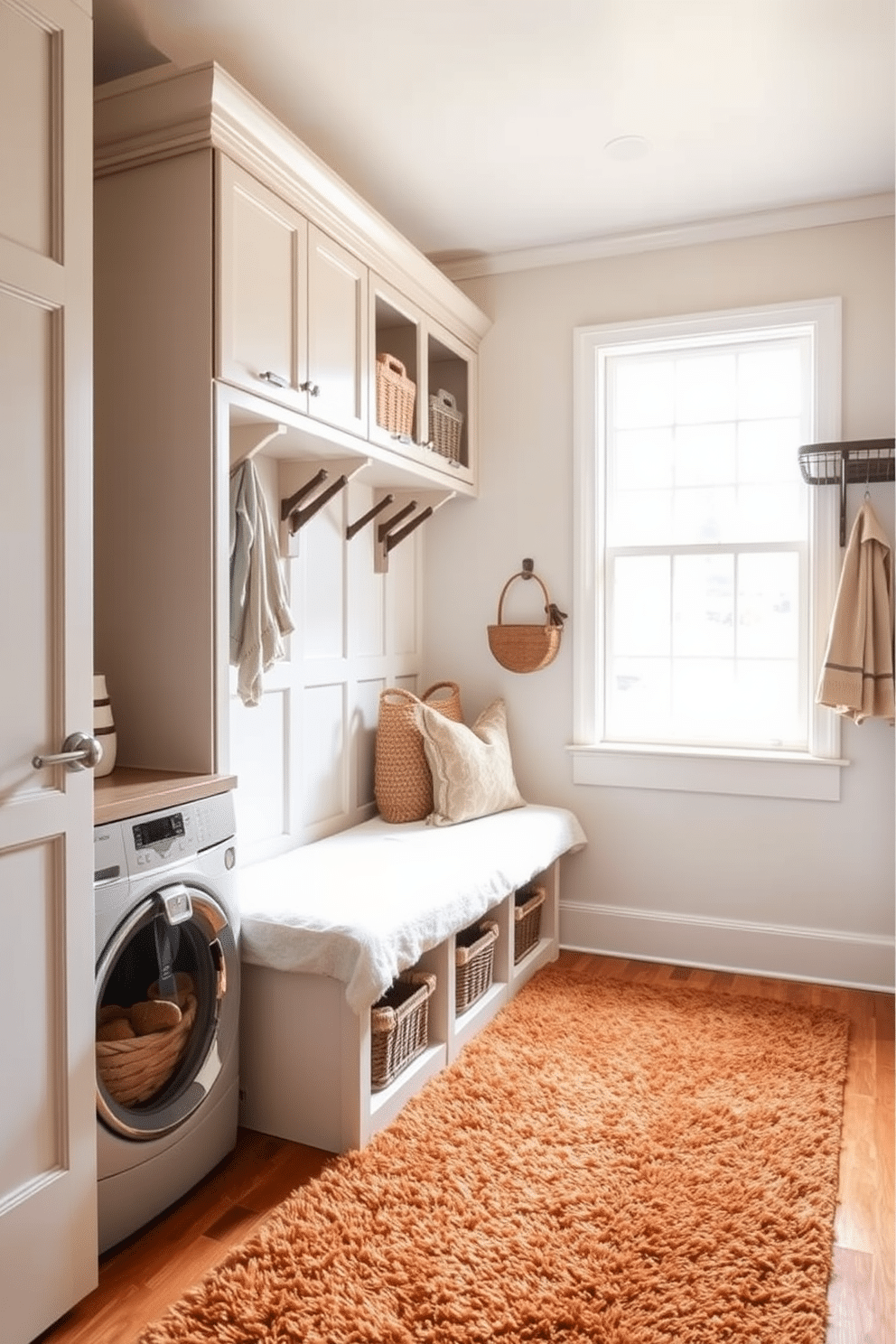 A cozy mudroom laundry room features a plush area rug in warm earth tones, providing both comfort and texture underfoot. The space is designed with functional cabinetry and open shelving, complemented by a stylish bench for seating and storage. The walls are painted a soft, inviting color, while natural light floods in through a large window, creating a bright and airy atmosphere. Decorative baskets and hooks add organization and charm, making this mudroom laundry room both practical and aesthetically pleasing.