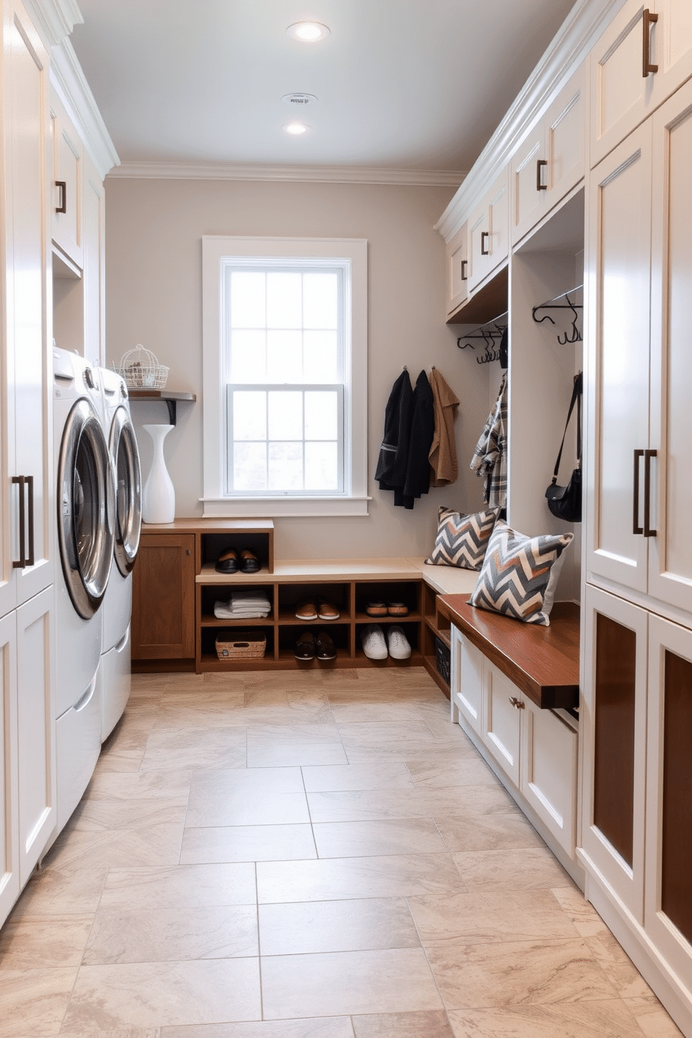 A functional mudroom laundry room features built-in drying racks seamlessly integrated into the cabinetry, providing convenience and maximizing space. The room is adorned with a combination of durable tile flooring and warm wood accents, creating an inviting atmosphere. Natural light floods the space through a large window, illuminating the organized shelving and hooks for coats and bags. A stylish bench with cushions offers a comfortable spot to sit while removing shoes, enhancing the room's practicality and charm.