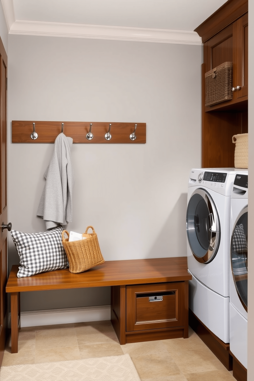 A functional mudroom laundry room features a row of stylish wall hooks made from brushed nickel, perfect for hanging coats and bags. The walls are painted a soft gray, complementing the rich wood of the built-in bench, which provides a cozy spot to sit while removing shoes. The laundry area is equipped with sleek, energy-efficient appliances nestled in cabinetry that matches the mudroom's aesthetic. A large, woven basket sits beside the washer and dryer, providing a practical solution for storing laundry supplies and keeping the space organized.