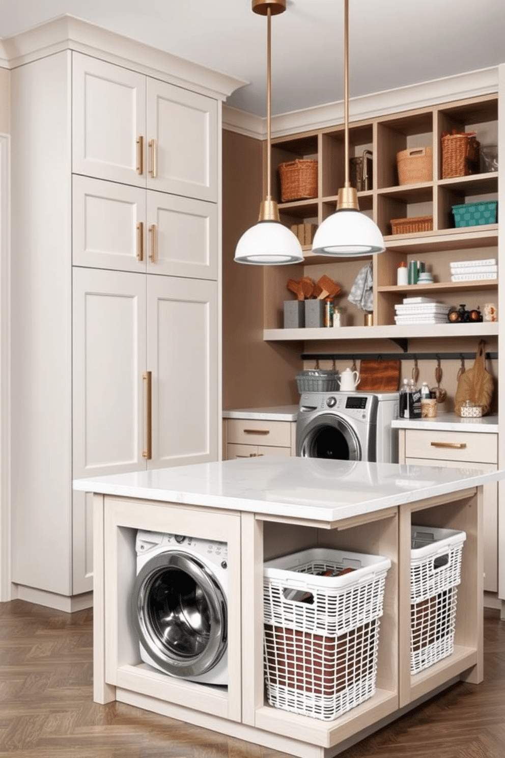 A multi-purpose island in a mudroom laundry room features a sleek design with built-in laundry baskets seamlessly integrated into the cabinetry. Above the island, pendant lights illuminate the space, while a combination of open shelving and closed cabinets provides ample storage for cleaning supplies and everyday items.