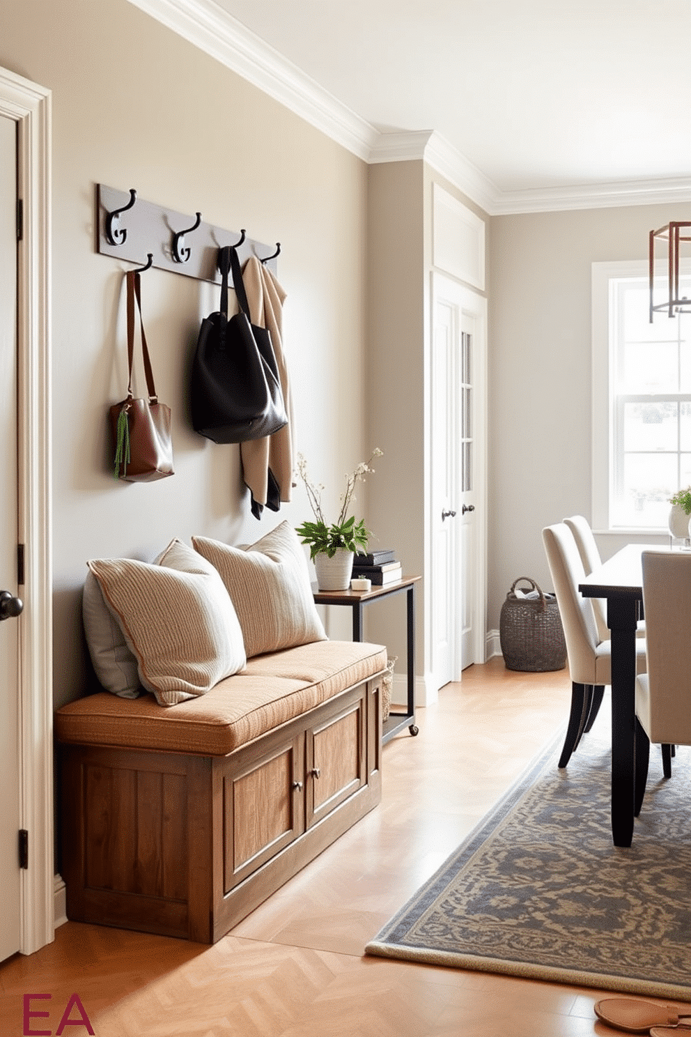 A cozy bench with storage underneath is positioned against the wall in a mudroom, featuring soft cushions in a warm, textured fabric. Above the bench, hooks are mounted for hanging coats and bags, while a small console table beside it holds decorative items and a potted plant. The mudroom flows seamlessly into the dining room, with a stylish area rug defining the space. Natural light floods in through a nearby window, illuminating the space and creating an inviting atmosphere for family and guests.