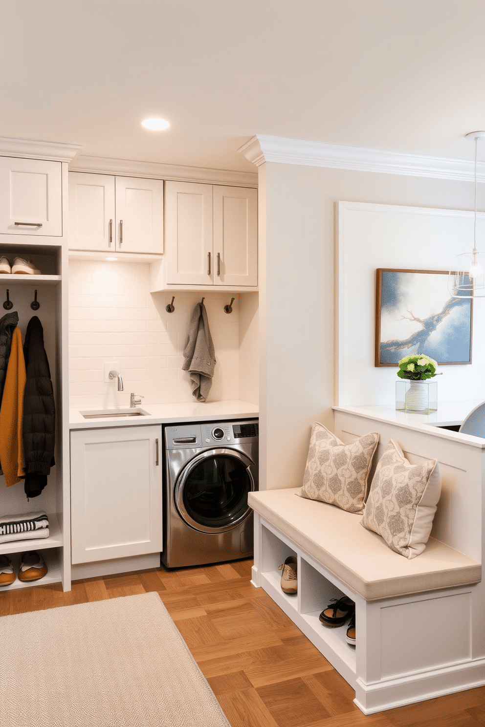 A stylish integrated laundry area seamlessly blends with a functional mudroom. The space features built-in cabinetry for storage, a sleek countertop for folding clothes, and a combination of hooks and cubbies for organizing shoes and outerwear. Adjacent to the dining room, the mudroom is designed with a warm color palette and natural materials. A charming bench with plush cushions invites comfort, while decorative wall art adds a personal touch to the inviting atmosphere.