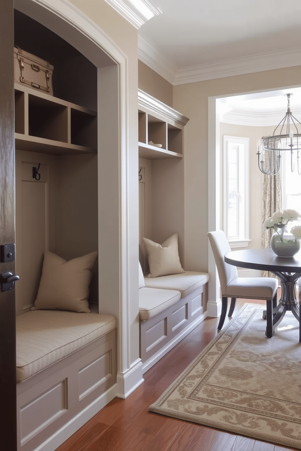 A stylish mudroom adjacent to the dining room features padded seating along one wall, upholstered in a soft, neutral fabric for comfort. The space includes built-in storage cubbies above the seating, providing a practical yet elegant solution for shoes and outdoor gear. The mudroom is accented with a decorative area rug that complements the dining room's color scheme, creating a cohesive flow between the two spaces. Natural light floods in through a nearby window, enhancing the inviting atmosphere and highlighting the thoughtful design elements.