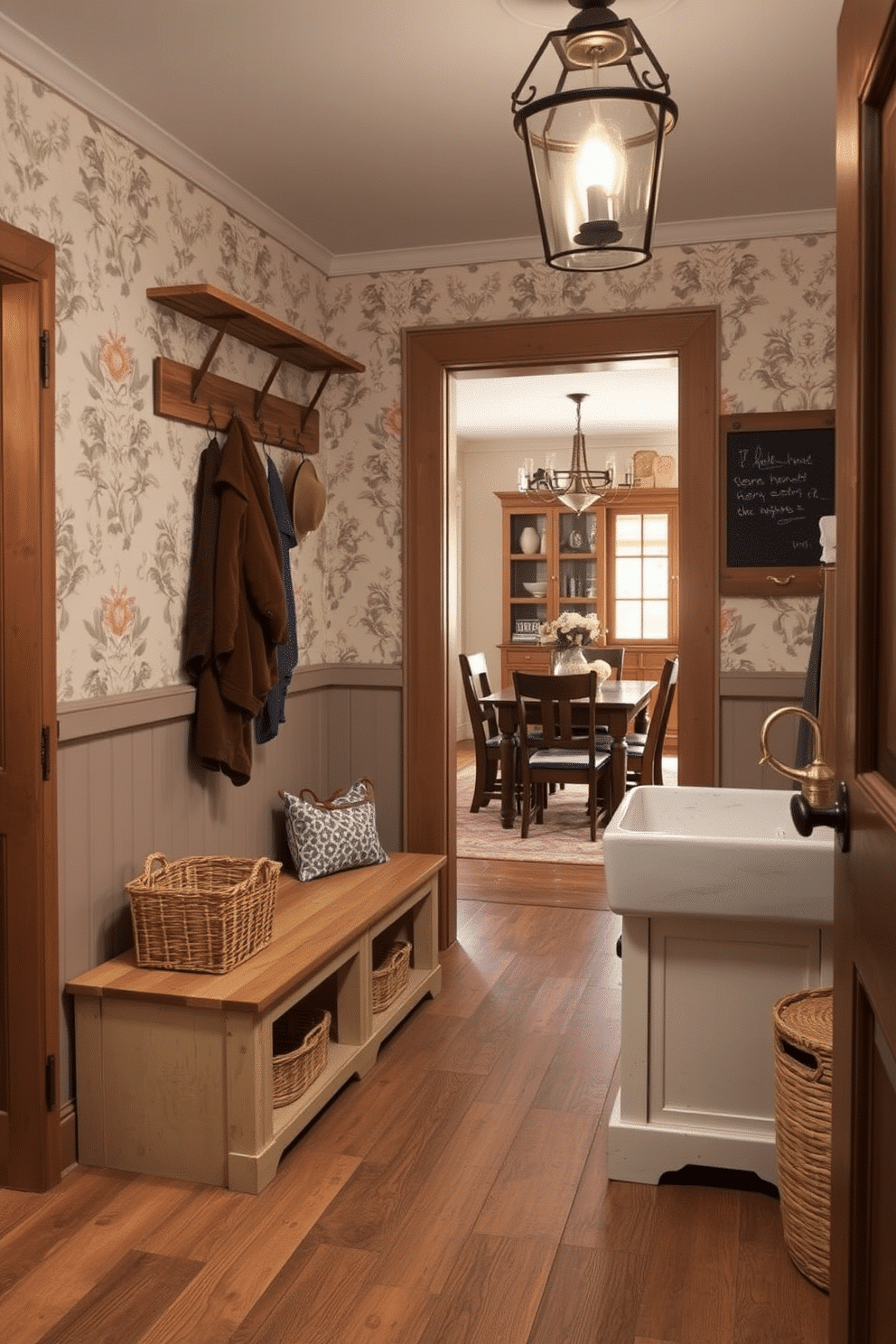 A charming mudroom adjacent to the dining room features rustic wooden hooks for coats and hats, paired with a distressed bench for seating. The walls are adorned with vintage wallpaper in muted floral patterns, while the floor showcases reclaimed wood planks for an authentic, warm feel. Incorporating a large farmhouse-style sink, the mudroom also includes woven baskets for storage and a chalkboard for notes and reminders. Soft, ambient lighting from an antique pendant fixture enhances the cozy atmosphere, making it a welcoming transition space.