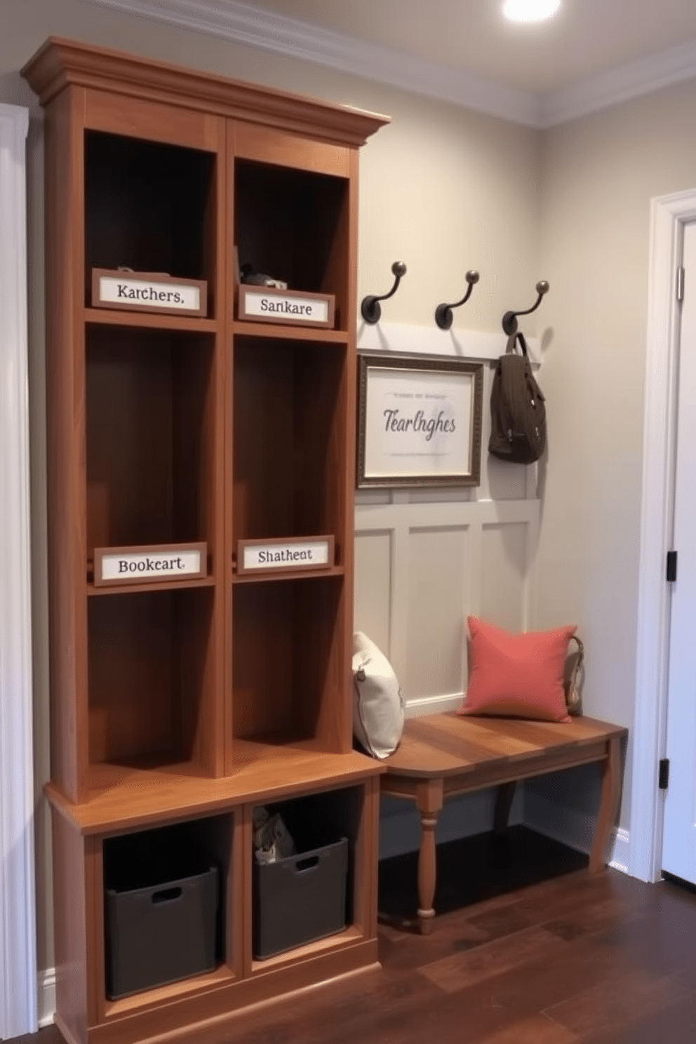 A functional mudroom design featuring individual cubbies for each family member's items. Each cubby is framed with warm wood and adorned with personalized nameplates, providing an organized and welcoming space. The mudroom is located conveniently near the dining room, with a stylish bench for seating and storage underneath. The walls are painted in a soft, neutral tone, complemented by decorative hooks for coats and bags, creating an inviting transition area.