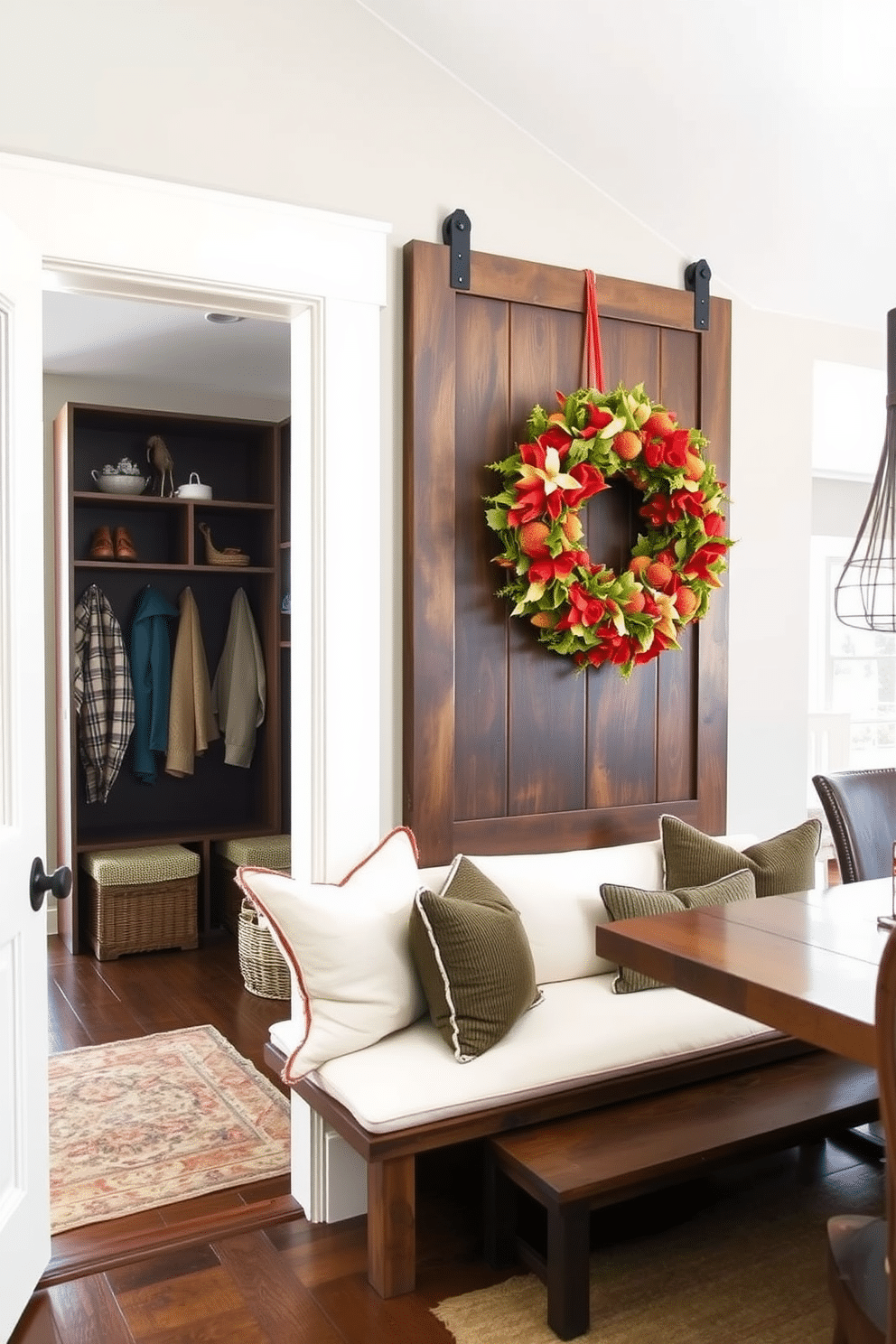 Seasonal decor for a welcoming feel. The entryway features a rustic bench adorned with plush cushions, while a large, vibrant wreath hangs on the door, welcoming guests with seasonal charm. Mudroom near dining room design ideas. The mudroom includes built-in cubbies for shoes and coats, with a stylish sliding barn door that leads to the dining area, creating a seamless transition between spaces.