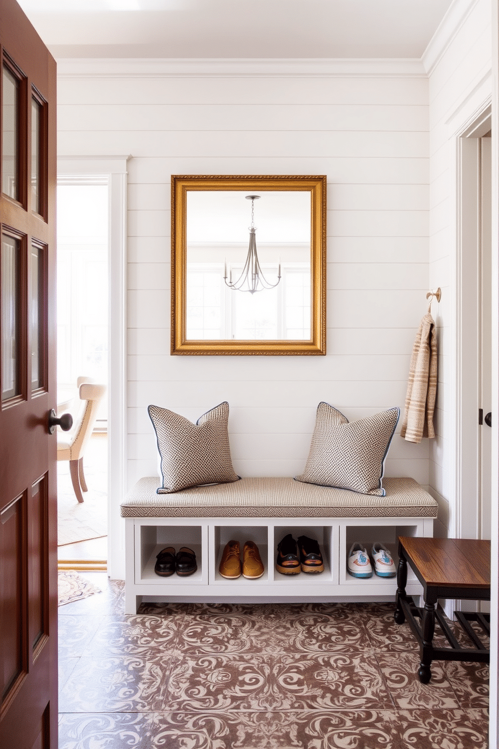 A stylish mudroom adjacent to the dining room features durable materials designed to withstand heavy use. The space includes a built-in bench with ample storage for shoes and coats, adorned with a textured fabric cushion in a neutral tone. The walls are lined with shiplap painted in a soft white, while the floor is covered in a robust, patterned tile that complements the dining room's decor. A large, framed mirror hangs above the bench, reflecting natural light and enhancing the room's functionality.