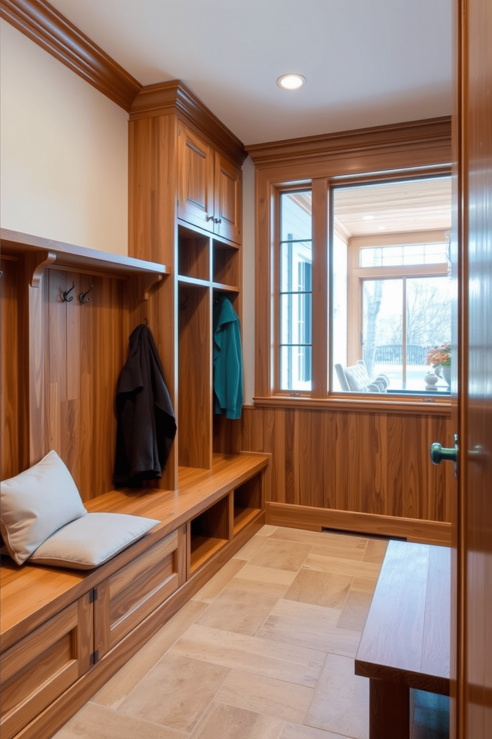 A mudroom featuring natural wood accents that create a warm and inviting atmosphere. The space includes built-in benches with plush cushions, open shelving for storage, and hooks for coats, all crafted from rich, textured wood. Adjacent to the dining room, large windows allow natural light to flood the area, enhancing the wood's warmth. The flooring is a durable tile that complements the wood tones while providing practicality for high-traffic use.