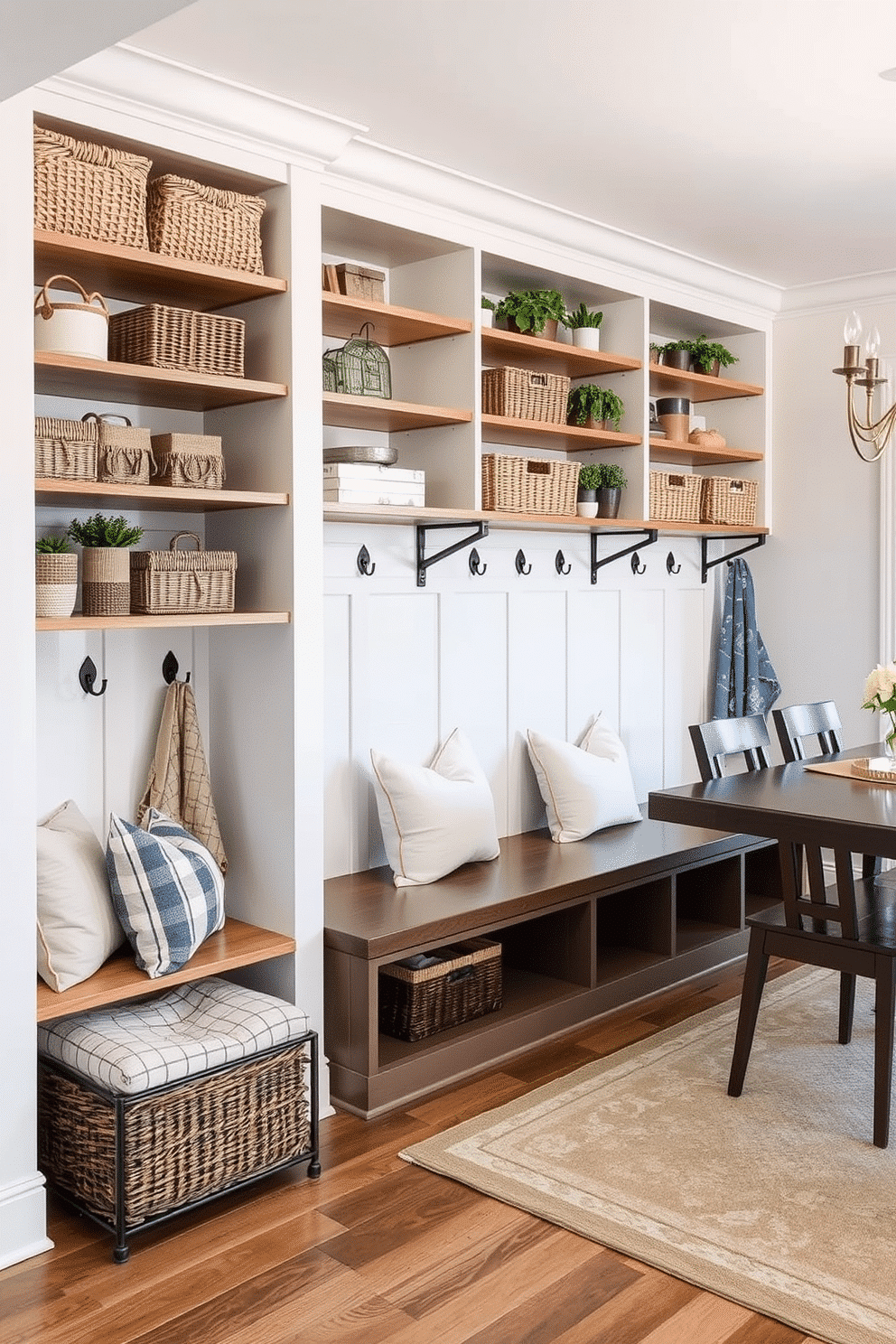 Open shelving design featuring a combination of natural wood and metal accents, ideal for easy access to everyday items. The shelves are neatly arranged with baskets, decorative boxes, and potted plants, creating a functional yet stylish storage solution. A mudroom adjacent to the dining room, designed with a harmonious blend of functionality and aesthetics. The space includes built-in benches with storage underneath, hooks for coats, and a stylish area rug that complements the dining room decor.