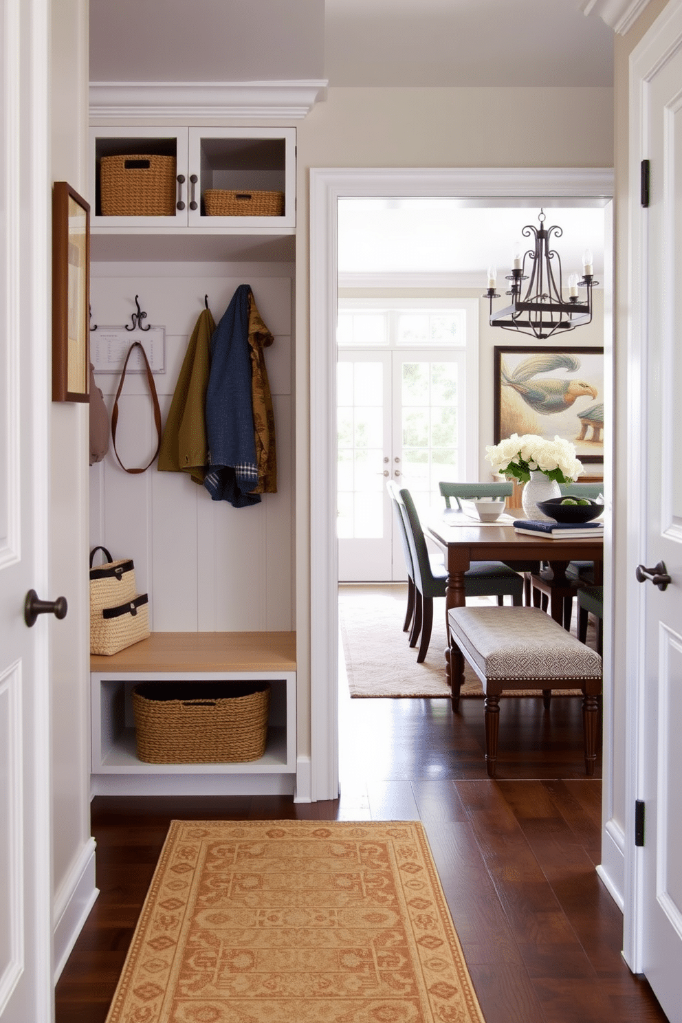 A cozy mudroom adjacent to the dining room features a small, stylish rug that adds warmth and comfort to the space. The mudroom includes built-in cabinetry for storage, with hooks for coats and a bench for convenience, all designed in a neutral palette to complement the dining area.