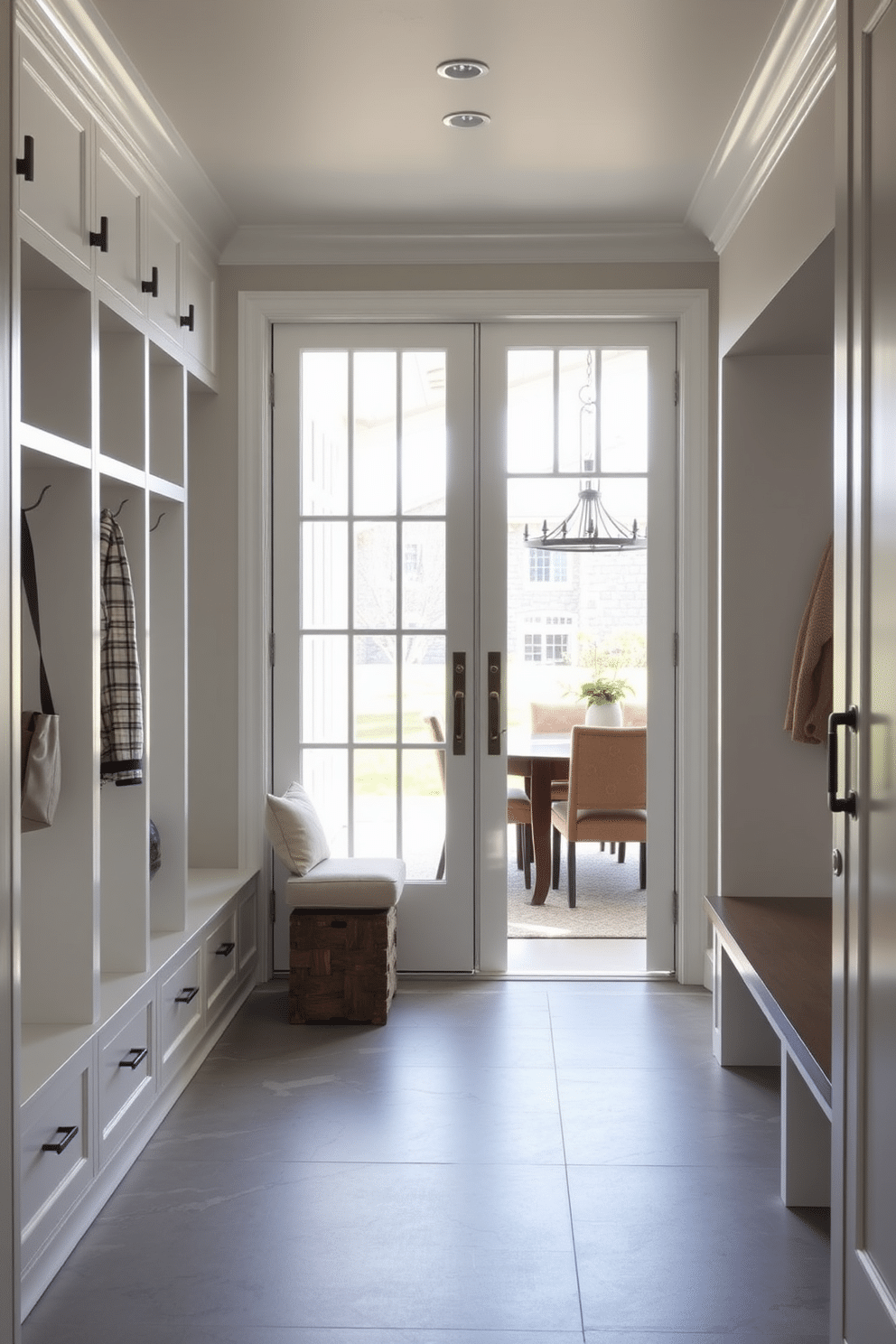 A bright mudroom featuring glass-paneled doors that allow natural light to flood the space. The room is designed with built-in storage benches, hooks for coats, and a stylish tile floor, seamlessly connecting to the adjacent dining room.