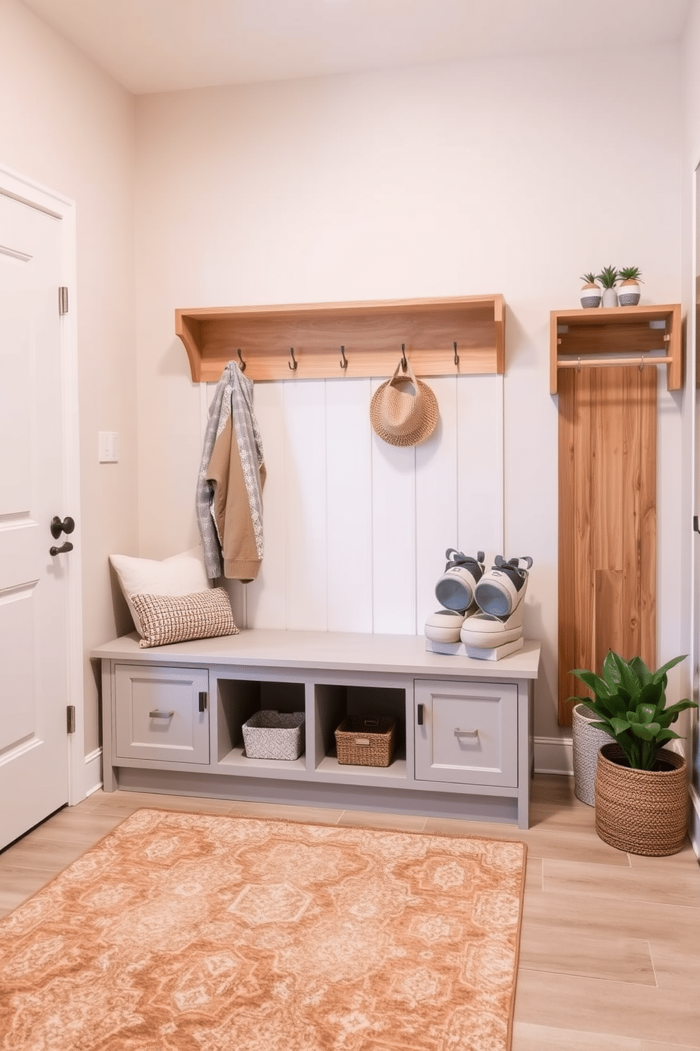 A serene mudroom design featuring a neutral color palette that promotes a calming atmosphere. The walls are painted in soft beige, complemented by a light gray bench with built-in storage underneath. Natural wood accents are incorporated through a warm-toned wooden coat rack and shelving. A stylish area rug in subtle earth tones adds texture, while potted plants bring a touch of greenery to the space.