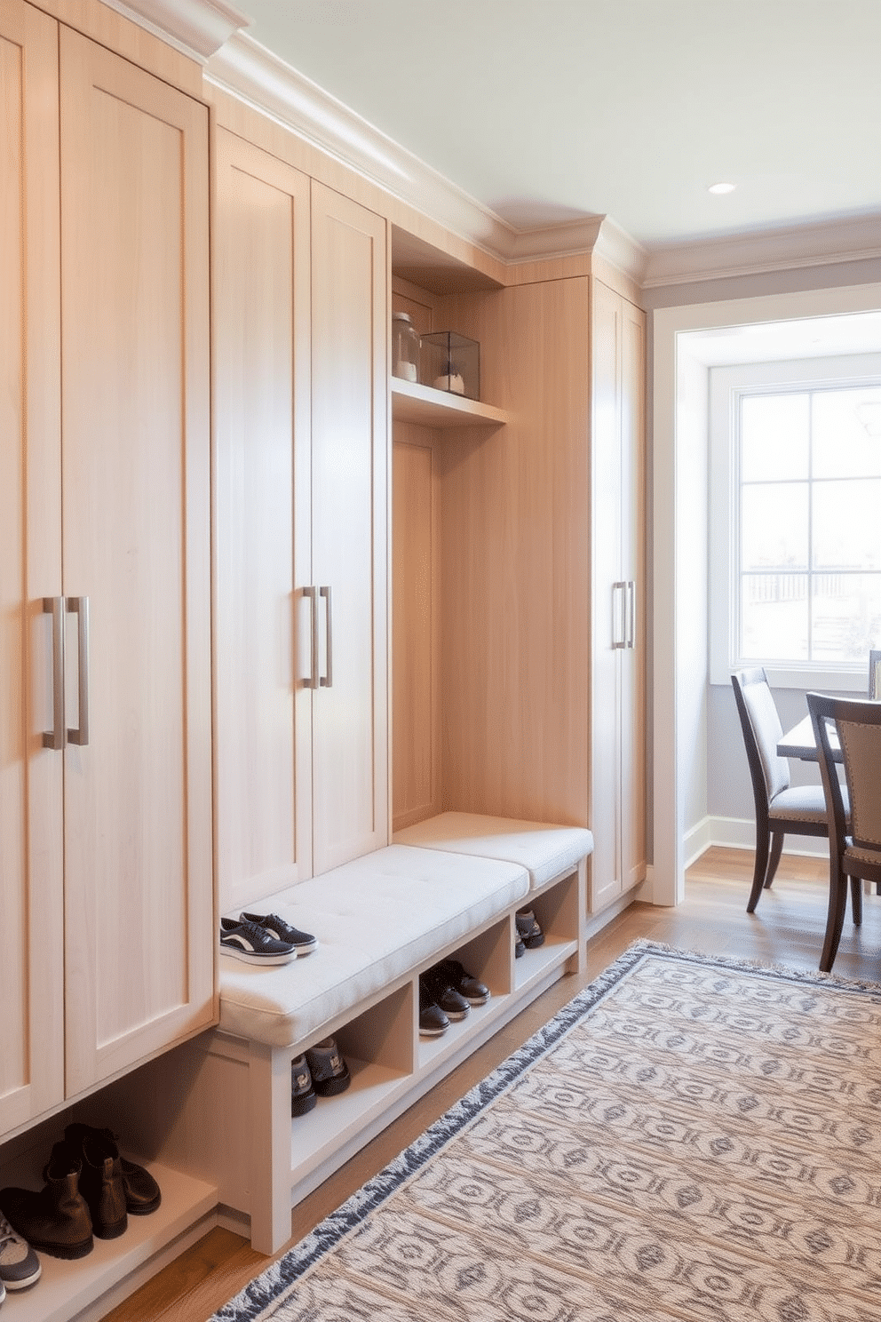 A stylish mudroom located near the dining room features built-in cabinets for organized storage. The cabinets are crafted from light wood with sleek, minimalist hardware, providing ample space for shoes and outdoor gear while maintaining a clean aesthetic. The mudroom is designed with a bench upholstered in a soft, neutral fabric, perfect for seating while putting on or taking off shoes. A large window allows natural light to flood the space, complemented by a patterned rug that adds warmth and texture to the room.