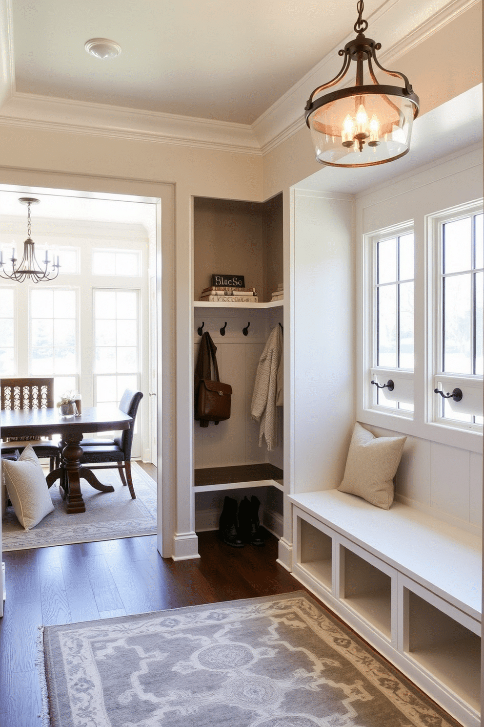 A bright and airy mudroom adjacent to the dining room features large windows that allow natural light to flood the space. Elegant lighting fixtures hang from the ceiling, providing additional illumination and enhancing the room's welcoming atmosphere. The mudroom includes built-in benches with plush cushions and ample storage for shoes and coats. A stylish area rug anchors the space, while decorative hooks line the walls for easy access to everyday items.