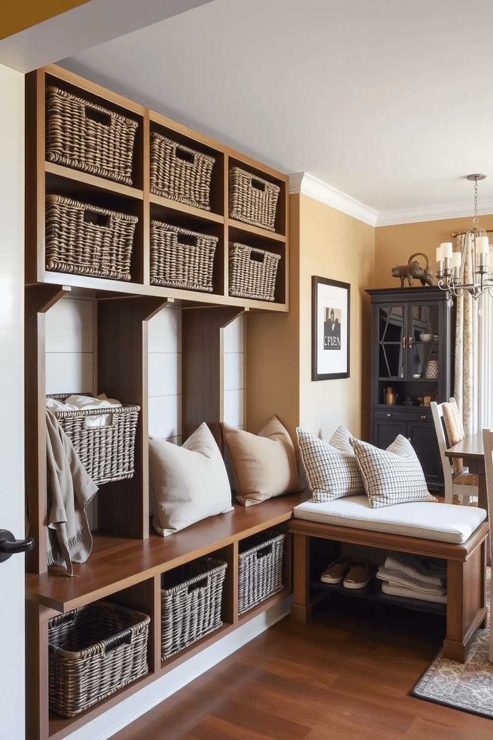 A stylish mudroom adjacent to the dining room features a series of woven baskets neatly arranged on sturdy wooden shelves. The space is accentuated by a bench with soft cushions, providing a cozy spot for removing shoes, while the walls are painted in a warm, inviting color.