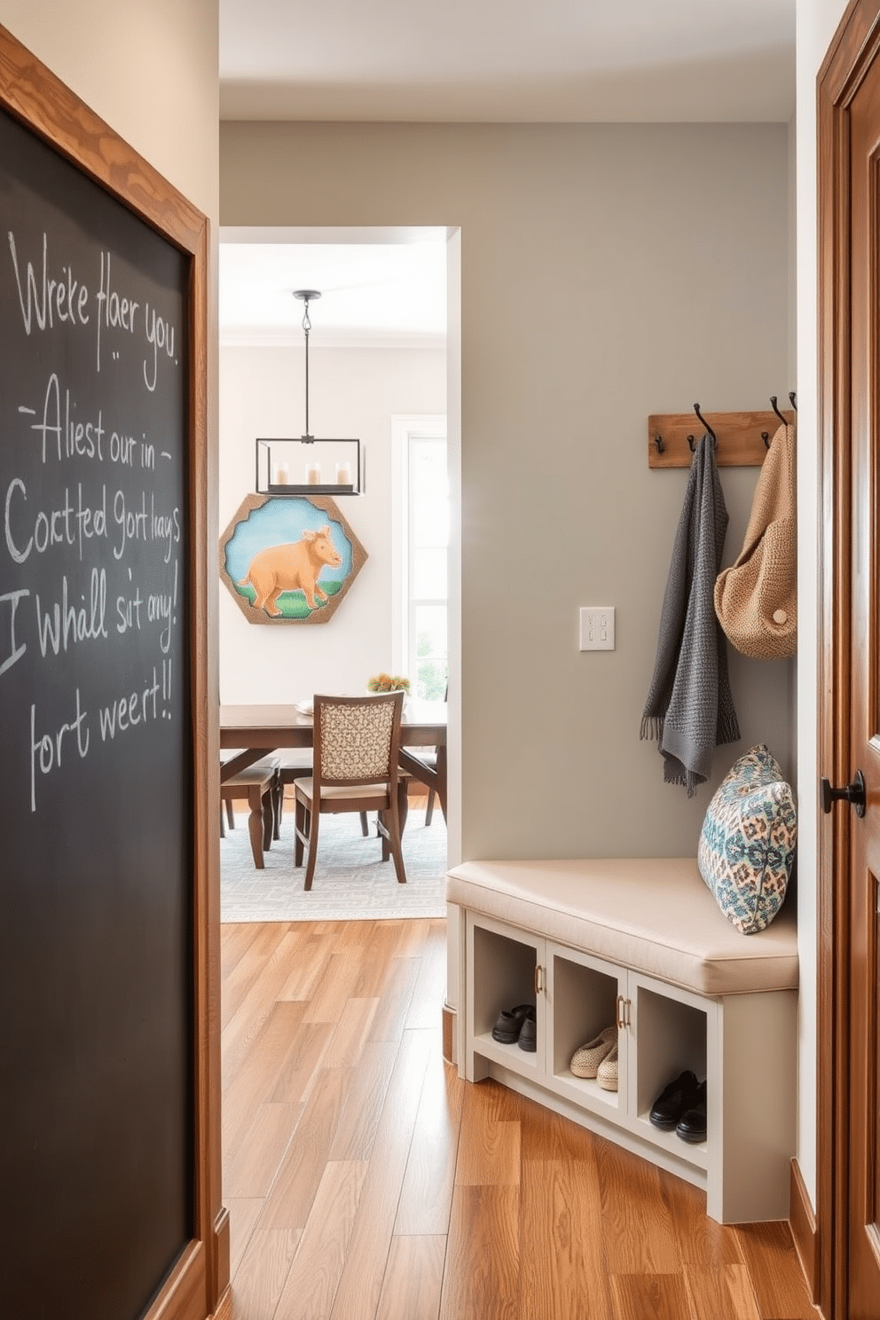 A chalkboard wall is installed in a cozy entryway, serving as a space for family messages and reminders. The wall is framed with rustic wood, and colorful chalk drawings add a playful touch to the environment. The mudroom features built-in storage benches with soft cushions, perfect for removing shoes and coats. Adjacent to the dining room, the design incorporates a sleek shoe rack and hooks for easy organization, with a warm color palette that complements the dining area.