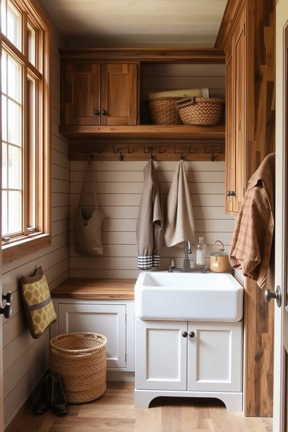 A cozy mudroom adjacent to the family room features a large farmhouse sink, perfect for cleaning up messes after outdoor activities. The space is designed with rustic wood cabinetry, shiplap walls, and a bench with storage underneath, creating a welcoming and functional area for the family. Natural light floods the room through a large window, highlighting the earthy tones of the decor. Hooks line the walls for hanging coats and bags, while a woven basket sits nearby for shoes, ensuring the space remains tidy and inviting.