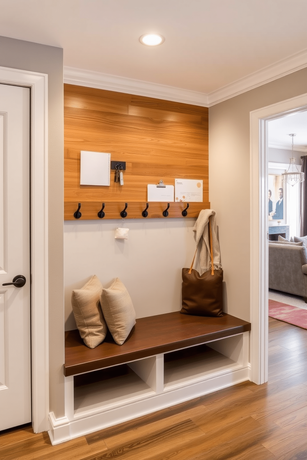 A stylish mudroom adjacent to the family room features wall-mounted storage for keys and mail, designed with a sleek wooden finish. The space is accented by hooks for coats and a built-in bench with plush cushions, creating a warm and inviting atmosphere.