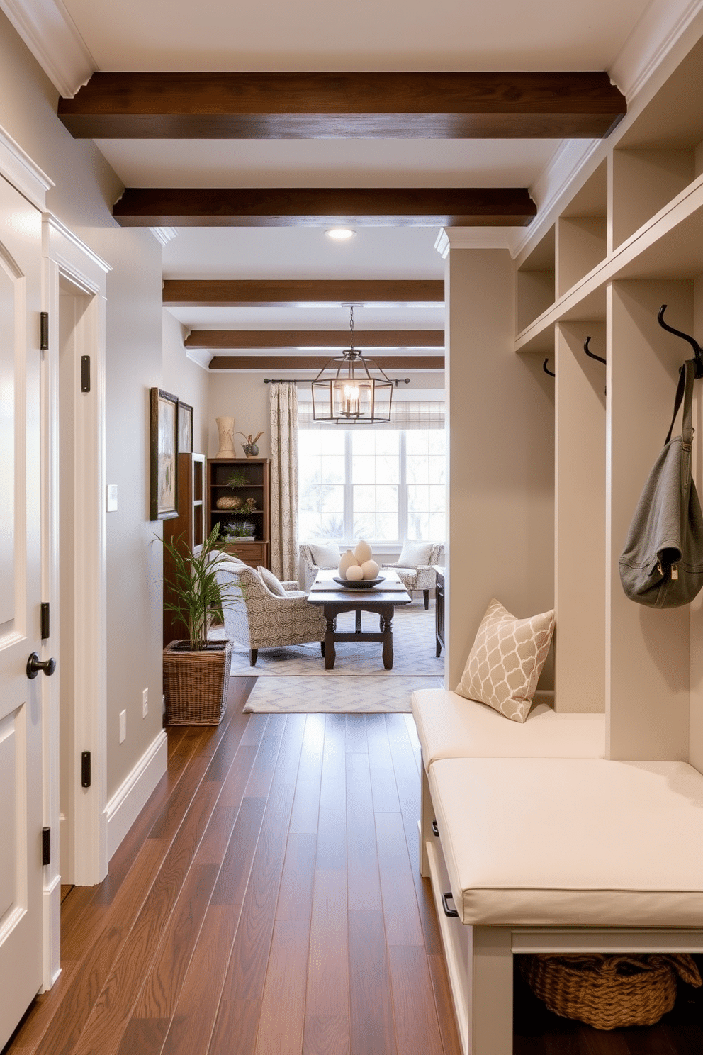 A stylish mudroom adjacent to the family room features integrated seating with plush cushions for added comfort. The design includes built-in storage solutions, such as cubbies and hooks, to keep the space organized and functional while maintaining a warm, inviting atmosphere.