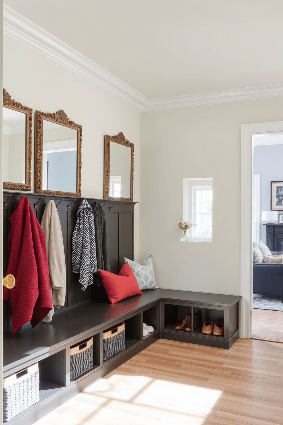 A stylish mudroom adjacent to the family room features decorative mirrors strategically placed to enhance natural light. The space includes built-in storage benches, hooks for coats, and a cheerful color palette that invites warmth and functionality.