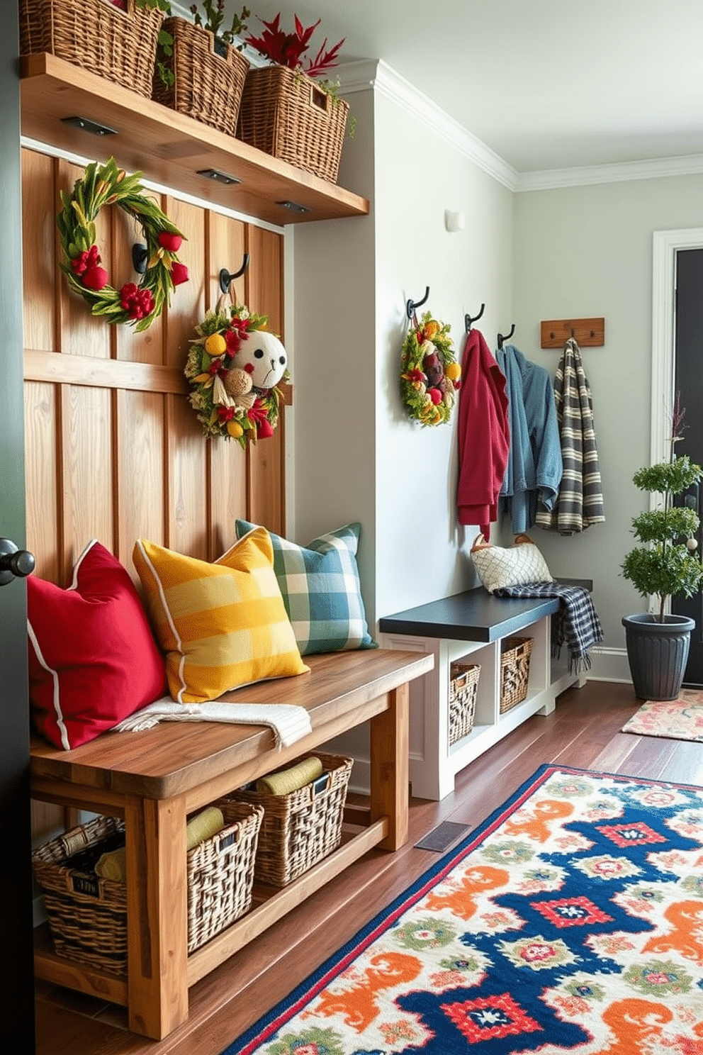 Seasonal decor for a personal touch. The entryway features a warm, inviting atmosphere with a rustic wooden bench adorned with colorful throw pillows, seasonal wreaths, and decorative baskets filled with cozy blankets. Mudroom near family room design ideas. The space includes built-in cubbies with personalized hooks for each family member, a stylish bench for seating, and a vibrant area rug that ties the room together, creating a seamless transition from outdoor to indoor living.