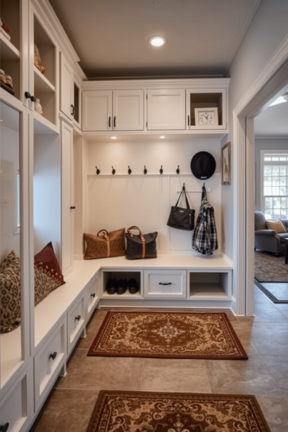 A functional drop zone designed for everyday items features built-in cabinetry with ample storage for shoes, bags, and outdoor gear. The space is accented with a bench for seating, and hooks are installed on the wall for easy access to coats and hats. The mudroom, located near the family room, showcases a stylish tile floor that is both durable and easy to clean. Soft lighting illuminates the area, while a decorative rug adds warmth and character to the space.