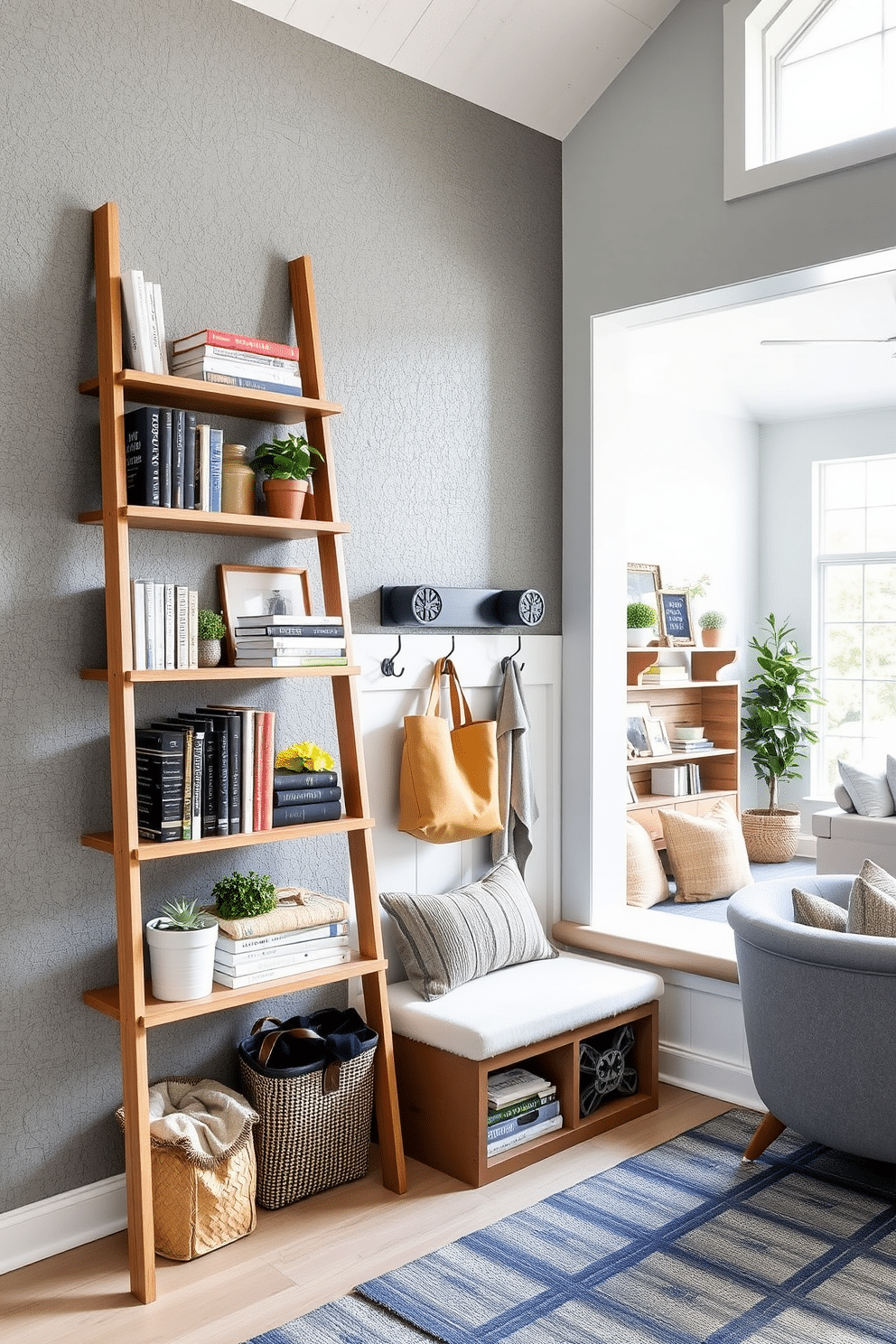 A stylish ladder shelf is positioned against a textured gray wall, showcasing a curated selection of books, potted plants, and decorative objects. The shelf features a mix of wooden and metal elements, adding a contemporary flair to the space. The mudroom seamlessly connects to the family room, featuring built-in storage benches and hooks for coats and bags. Light floods the area through a large window, highlighting a playful color palette of soft blues and warm neutrals.