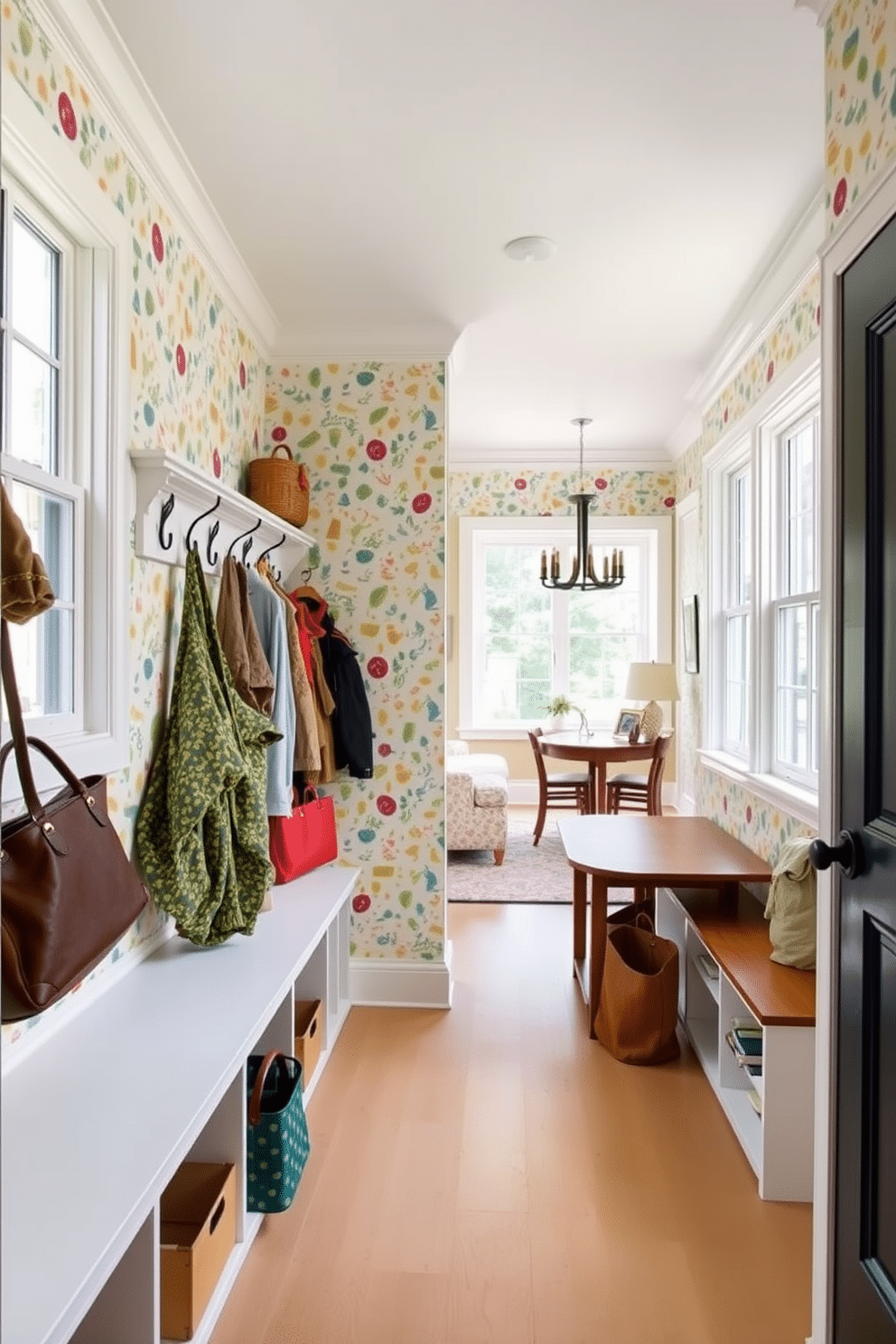 A bright and cheerful mudroom features colorful wallpaper adorned with playful patterns, creating an inviting atmosphere. The space includes built-in benches with storage underneath, complemented by hooks for coats and bags, seamlessly connecting to the adjacent family room. The vibrant wallpaper showcases a mix of bold colors and whimsical designs, enhancing the overall charm of the mudroom. Large windows allow natural light to flood the area, making it a cheerful transition space between the outdoors and the family room.