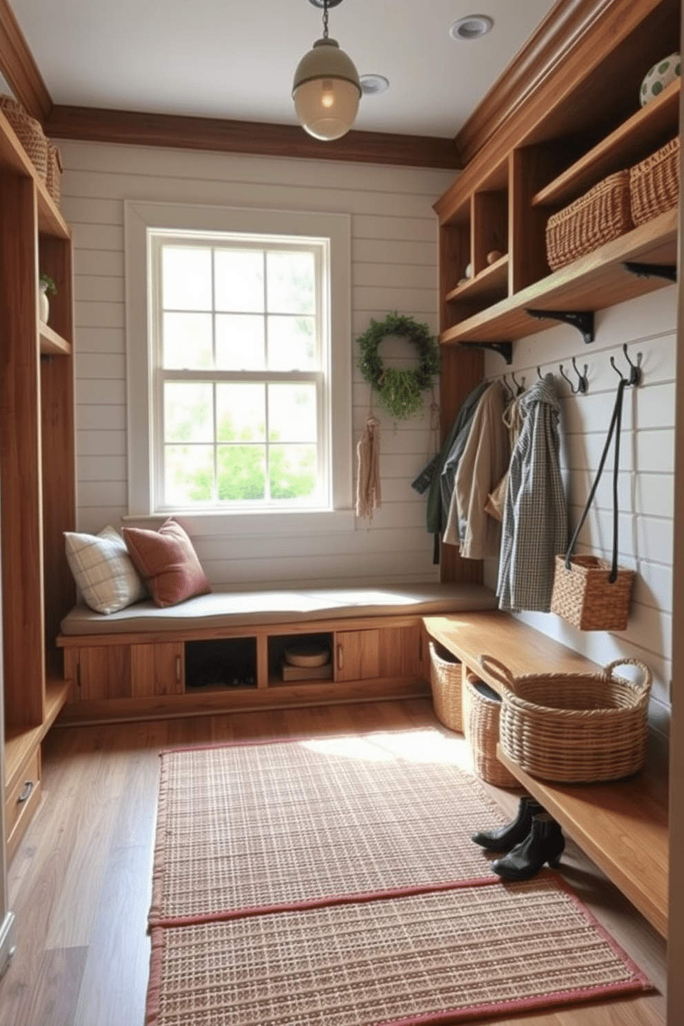 A cozy mudroom featuring rustic wood accents that create a warm and inviting atmosphere. The space includes a built-in bench with plush cushions, surrounded by shiplap walls and open shelving for storage. Natural light floods in through a large window, illuminating the earthy tones of the decor. A woven rug adds texture to the floor, while hooks for coats and baskets for shoes maintain an organized and functional space.